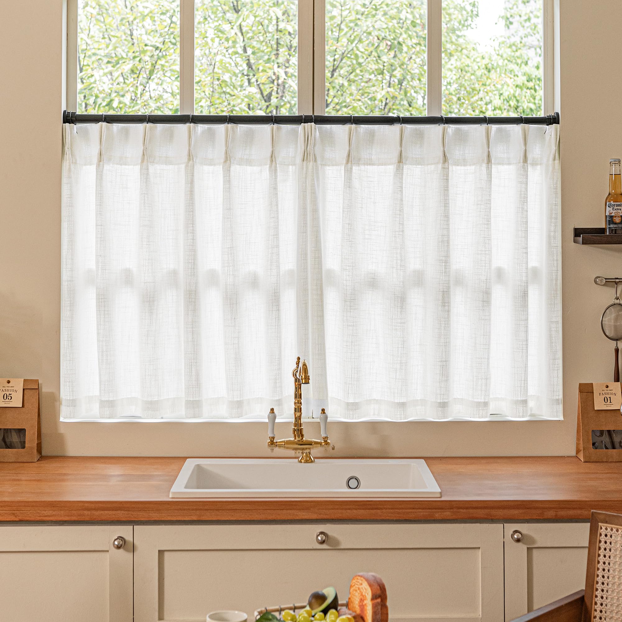 Pinch Pleated Linen Curtains 108 Inches Long for Living Room 2 Panels Set Cream Ivory Flax Double Pleated Drapes Back Tab Neutral Boho Ceiling Floor 108 Inch Window Curtains Bedroom Natural Birch