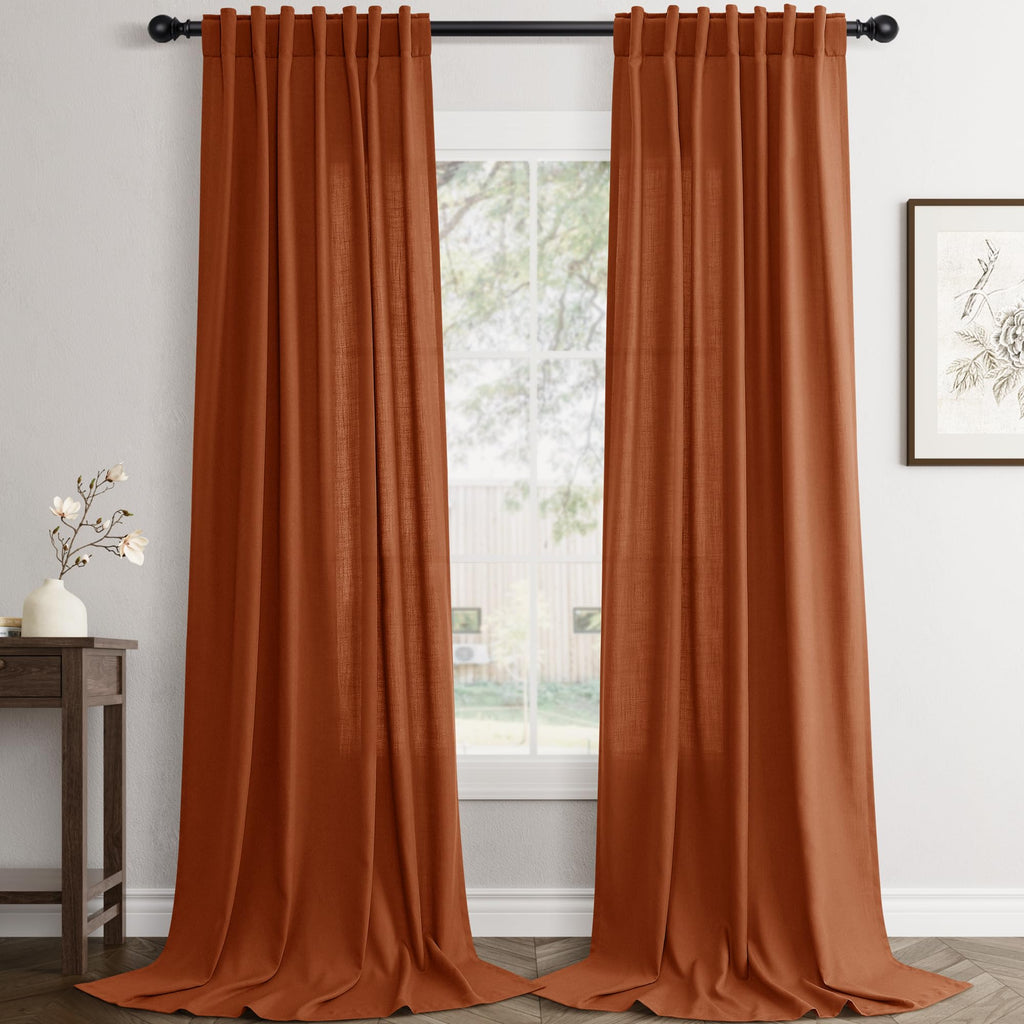Flax Linen Beige Curtains 96 inches Long 2 Panel for Living Room Back Tab Pocket Drapes Semi Sheer Privacy Khaki Window Curtain Country Rustic Farmhouse Cloth Curtain for Dinning Room Tan