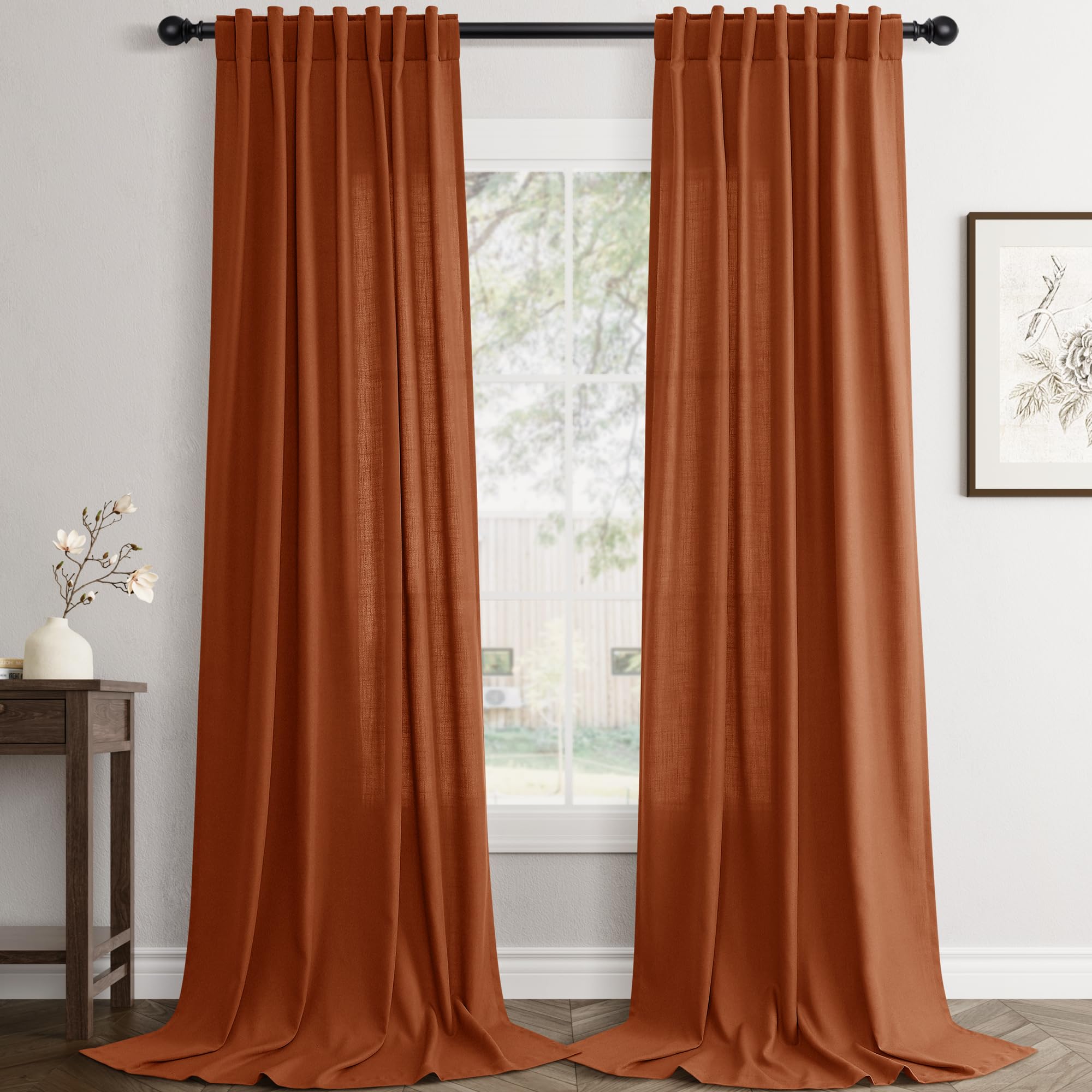 Flax Linen Beige Curtains 96 inches Long 2 Panel for Living Room Back Tab Pocket Drapes Semi Sheer Privacy Khaki Window Curtain Country Rustic Farmhouse Cloth Curtain for Dinning Room Tan