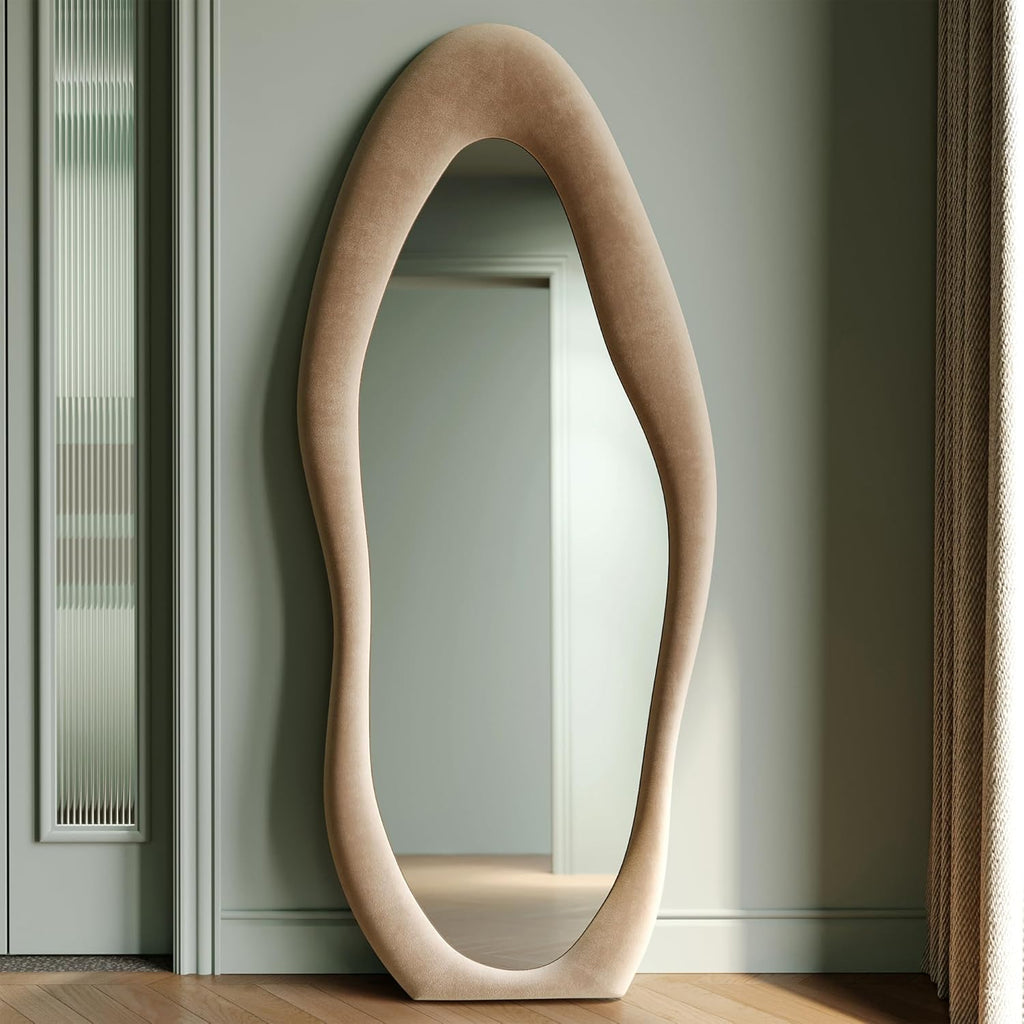 Honyee Full Length Mirror, 63" x 24" Wall Mirror, Flannel Wrapped Wooden Frame Floor Mirror, Irregular Wavy Mirror Hanging or Leaning Against Wall for Cloakroom/Bedroom/Living Room, Milk Tea