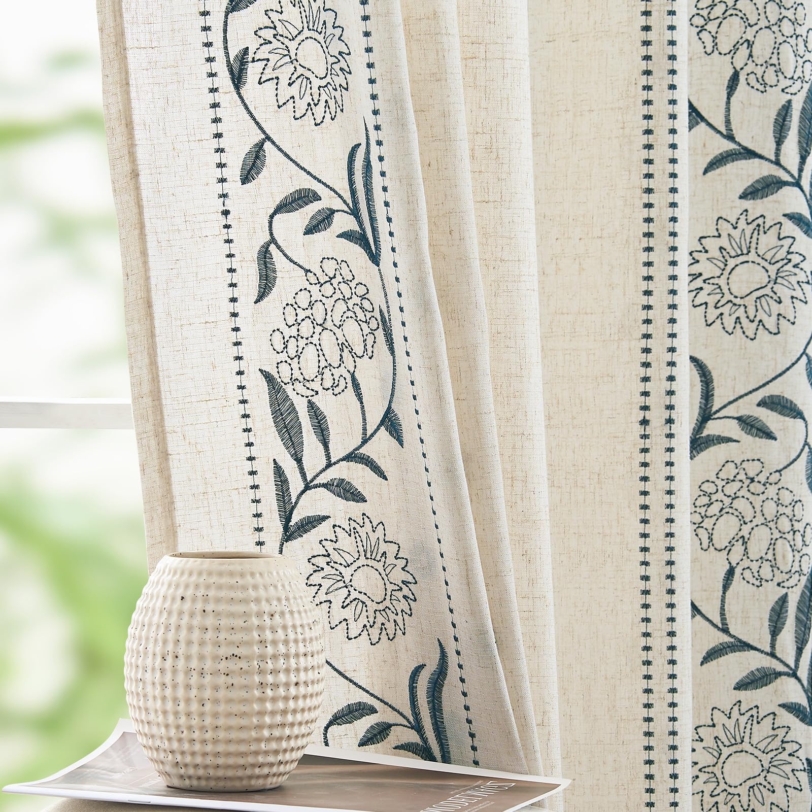 jinchan Winslow Linen Curtains for Bedroom 84 Inches Length Embroidered Bordered Floral Curtains for Living Room Farmhouse Decor Light Filtering Window Treatments Ivory on Beige Drapes 2 Panels