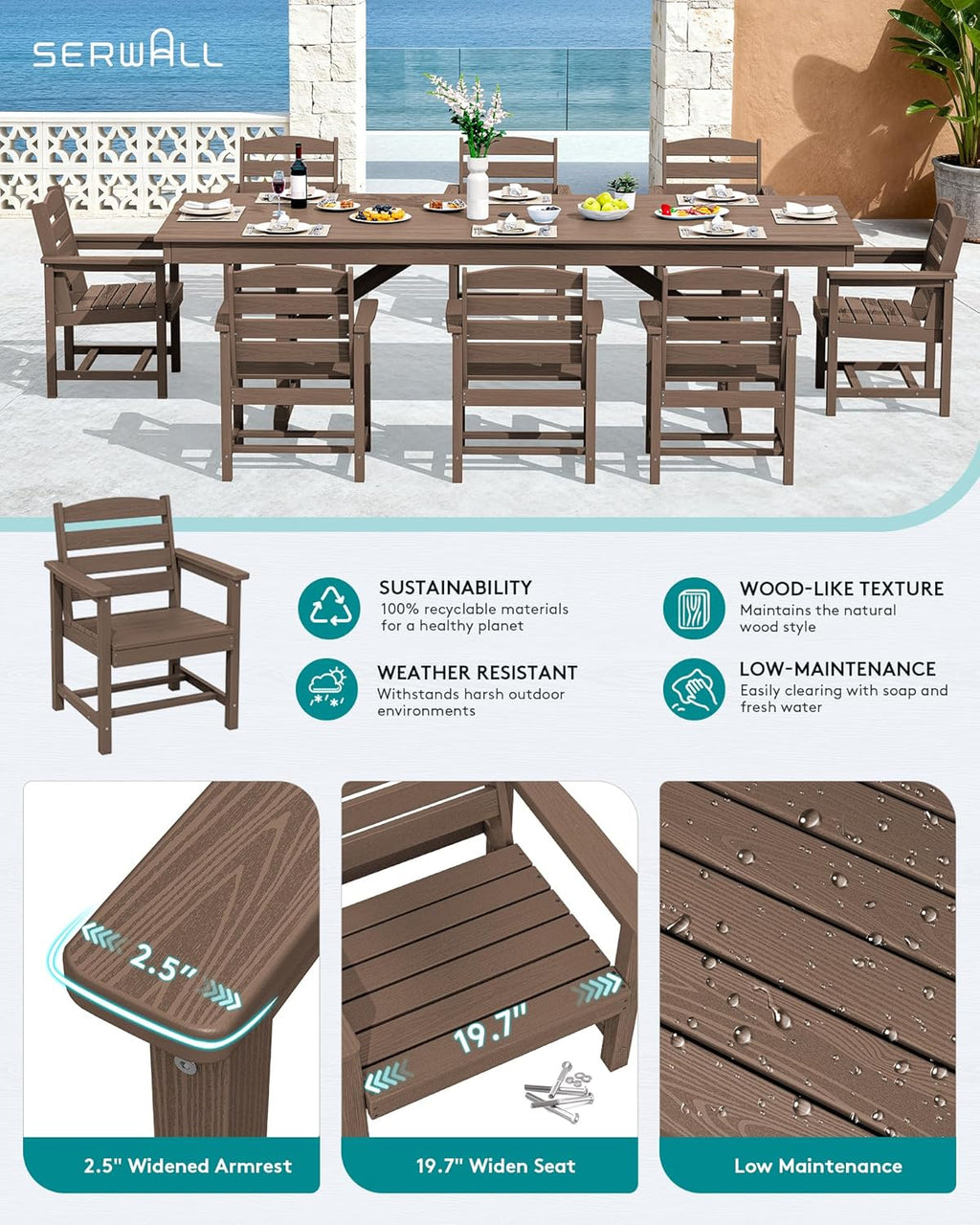 SERWALL 9 Piece Outdoor Dining Set, 84" HDPE Large Patio Dining Furniture Set for 8, with Pre-drilled Umbrella Hole, Outdoor Tables and Chairs Set for Garden, Brown