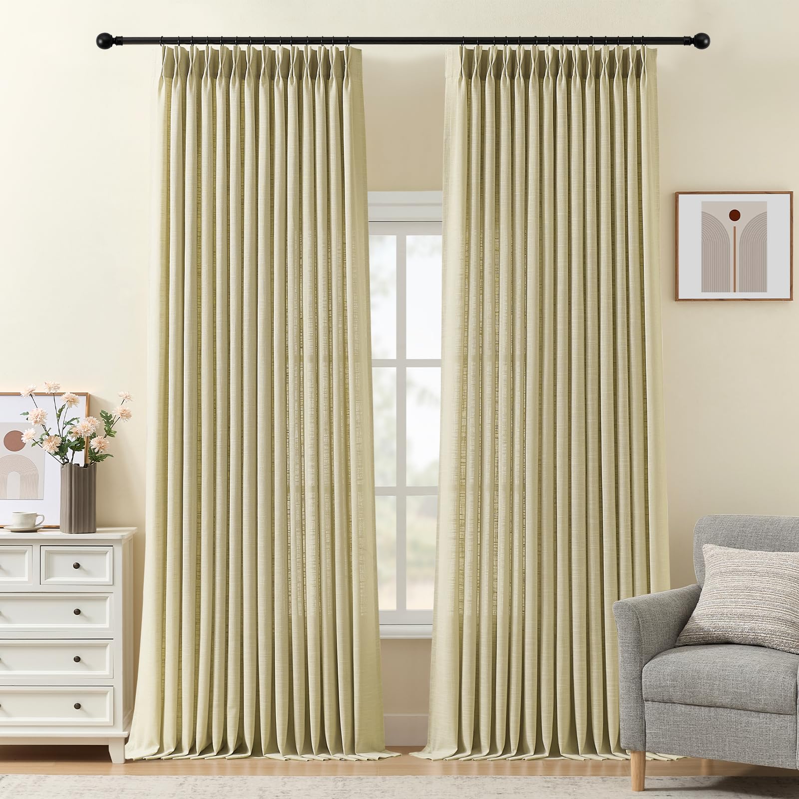Pinch Pleated Linen Curtains 84 Inch Length 2 Panels Set, Light Filtering Linen Blend Sheer Drapes Memory Trained Pleated Curtain Back Tab with Hooks Rings for Living Room Bedroom, Natural, W40xL84