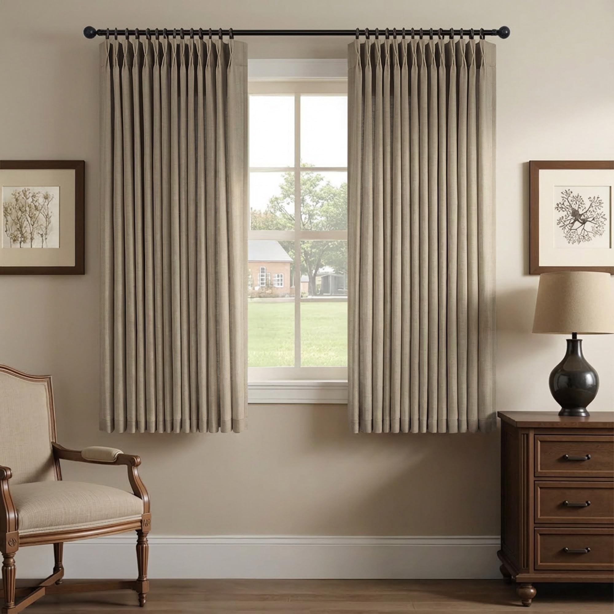 Natural Pinch Pleated Linen Cream Curtains 84 Inch Length 2 Panels for Living Room Bedroom Ivory Semi Sheer Light Filtering Modern Farmhouse Boho Neutral Rustic Long Drapes Back Tab Pleat Hooks Rings