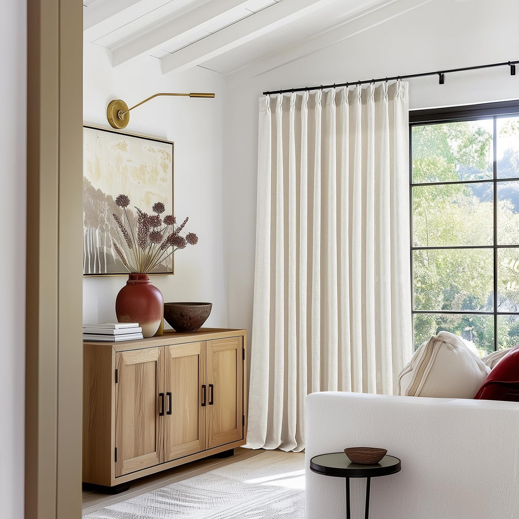 Pinch Pleated Linen Curtains 108 Inches Long for Living Room 2 Panels Set Cream Ivory Flax Double Pleated Drapes Back Tab Neutral Boho Ceiling Floor 108 Inch Window Curtains Bedroom Natural Birch