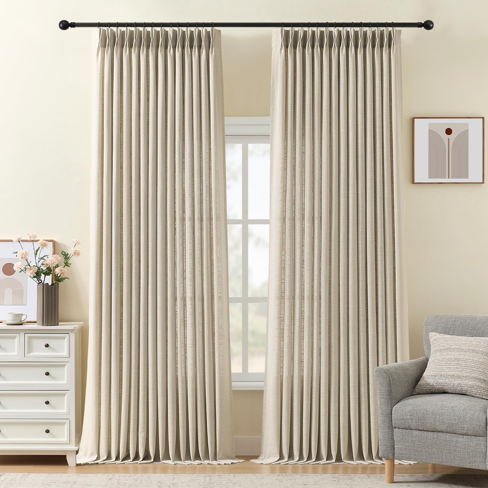 Pinch Pleated Linen Curtains 84 Inch Length 2 Panels Set, Light Filtering Linen Blend Sheer Drapes Memory Trained Pleated Curtain Back Tab with Hooks Rings for Living Room Bedroom, Natural, W40xL84