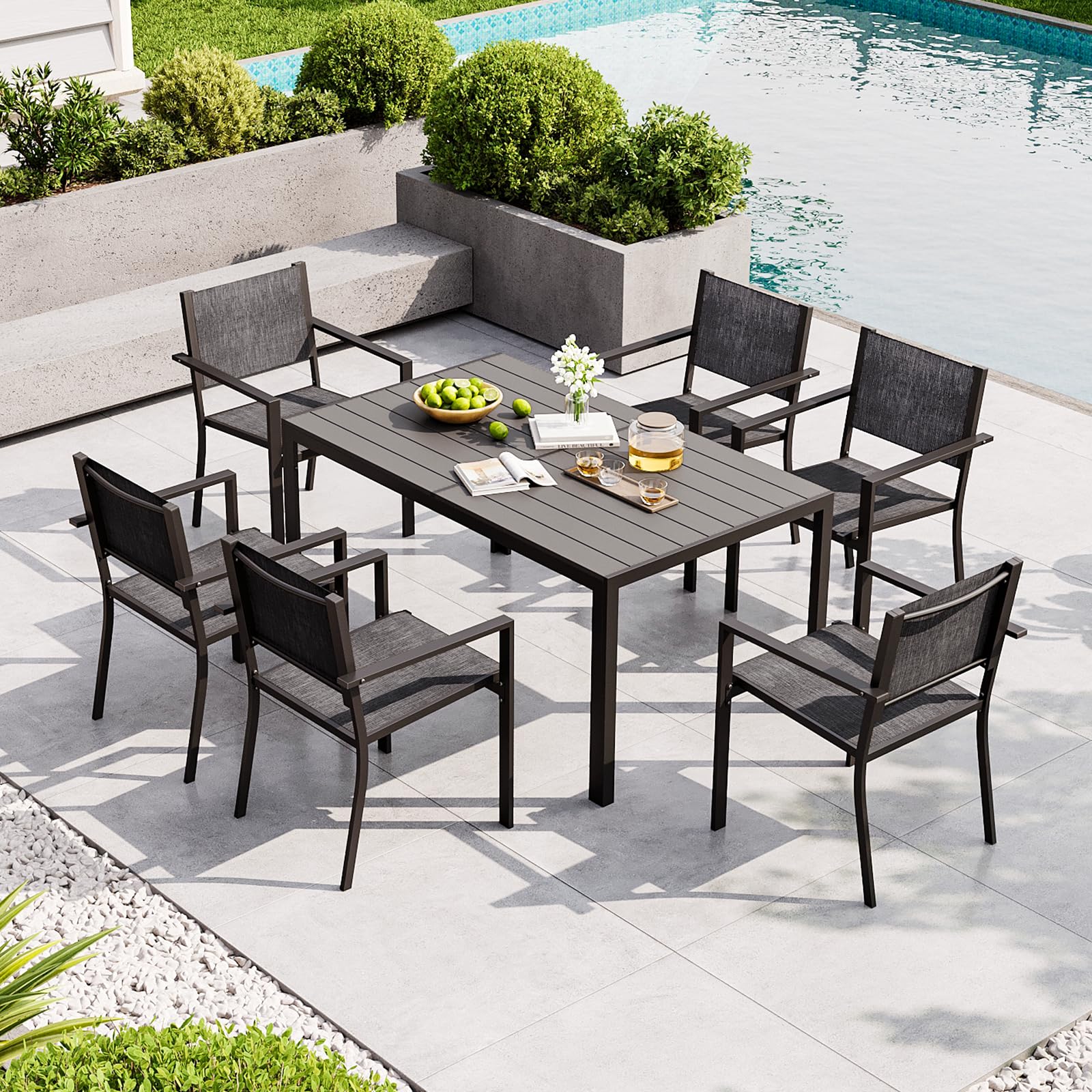 Aoxun 7-Piece Patio Table and Chairs Set for 6, All Weather Outdoor Dining Set with 6 Textilene Chairs and 1 Rectangular Metal Table, Patio Dining Sets for Backyard, Garden and Poolside, Brown