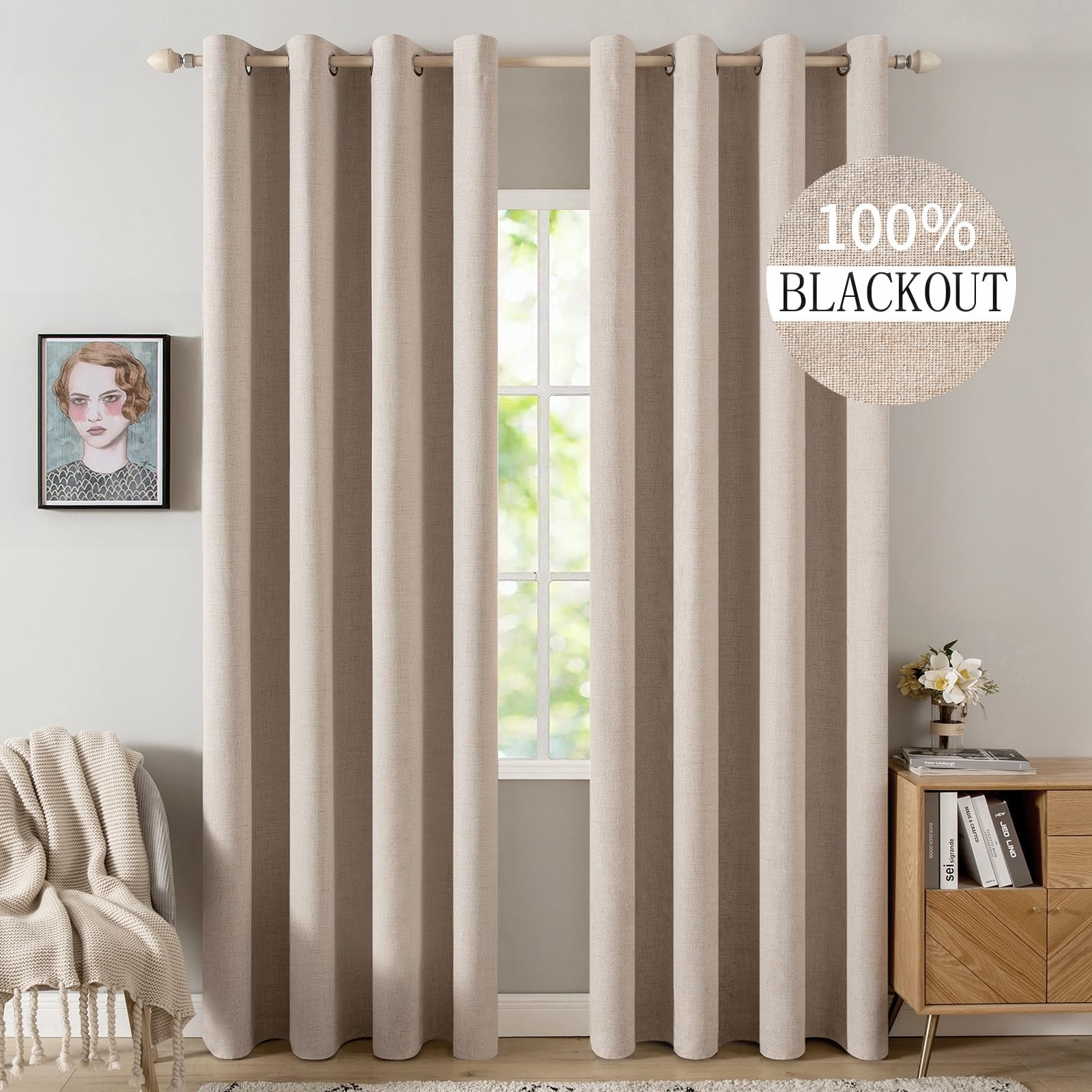 MIULEE Linen Texture Curtains for Bedroom Solid 100% Blackout Thermal Insulated Dusty Blue Curtains Grommet Room Darkening Drapes Luxury Decor for Living Room Nursery 52x84 Inch (2 Panels)