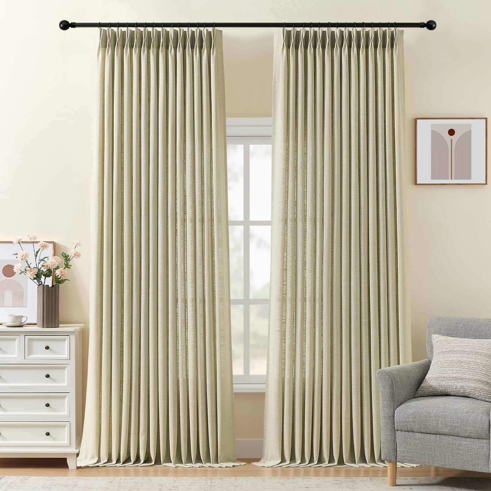 Pinch Pleated Linen Curtains 84 Inch Length 2 Panels Set, Light Filtering Linen Blend Sheer Drapes Memory Trained Pleated Curtain Back Tab with Hooks Rings for Living Room Bedroom, Natural, W40xL84