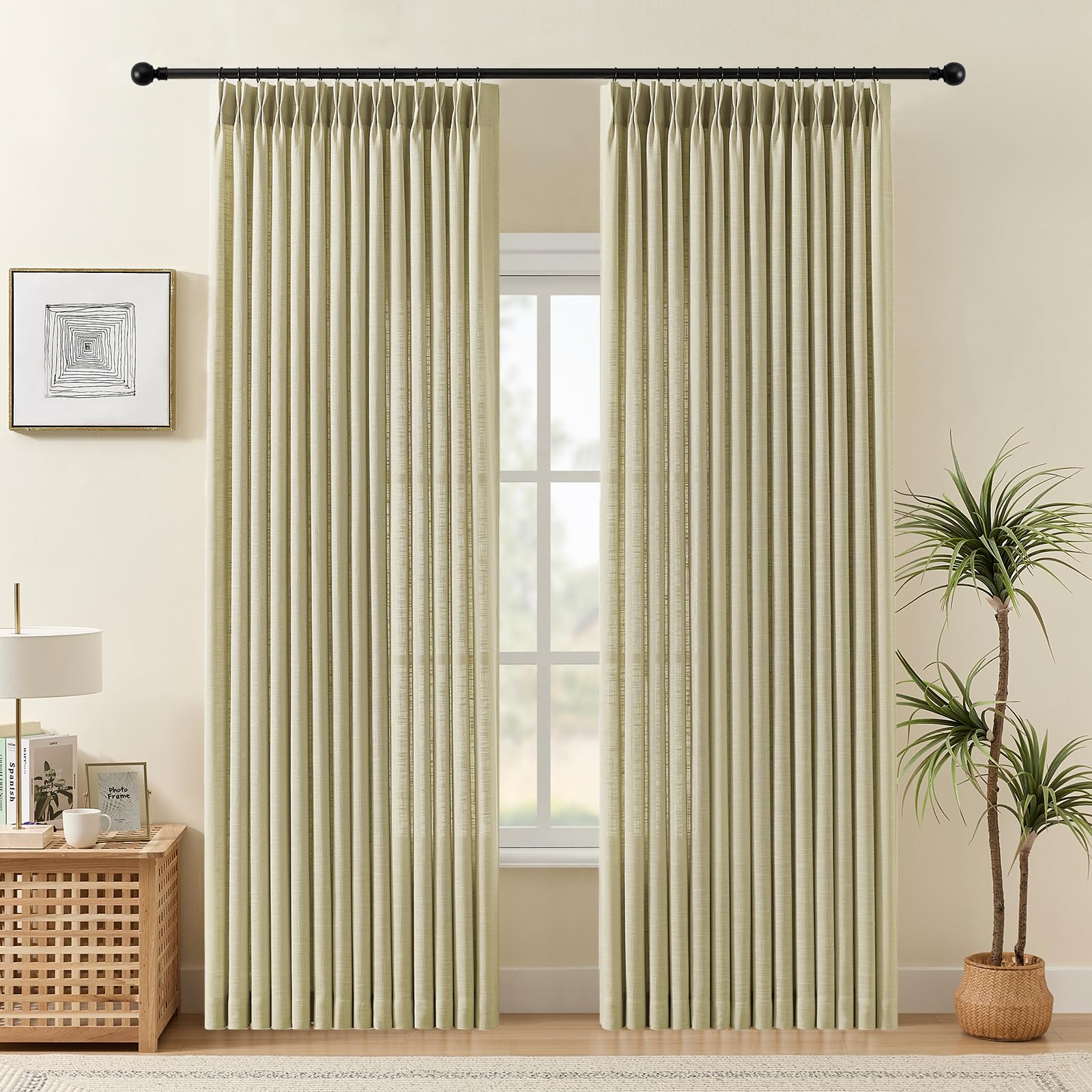 Pinch Pleated Linen Curtains 84 Inch Length 2 Panels Set, Light Filtering Linen Blend Sheer Drapes Memory Trained Pleated Curtain Back Tab with Hooks Rings for Living Room Bedroom, Natural, W40xL84