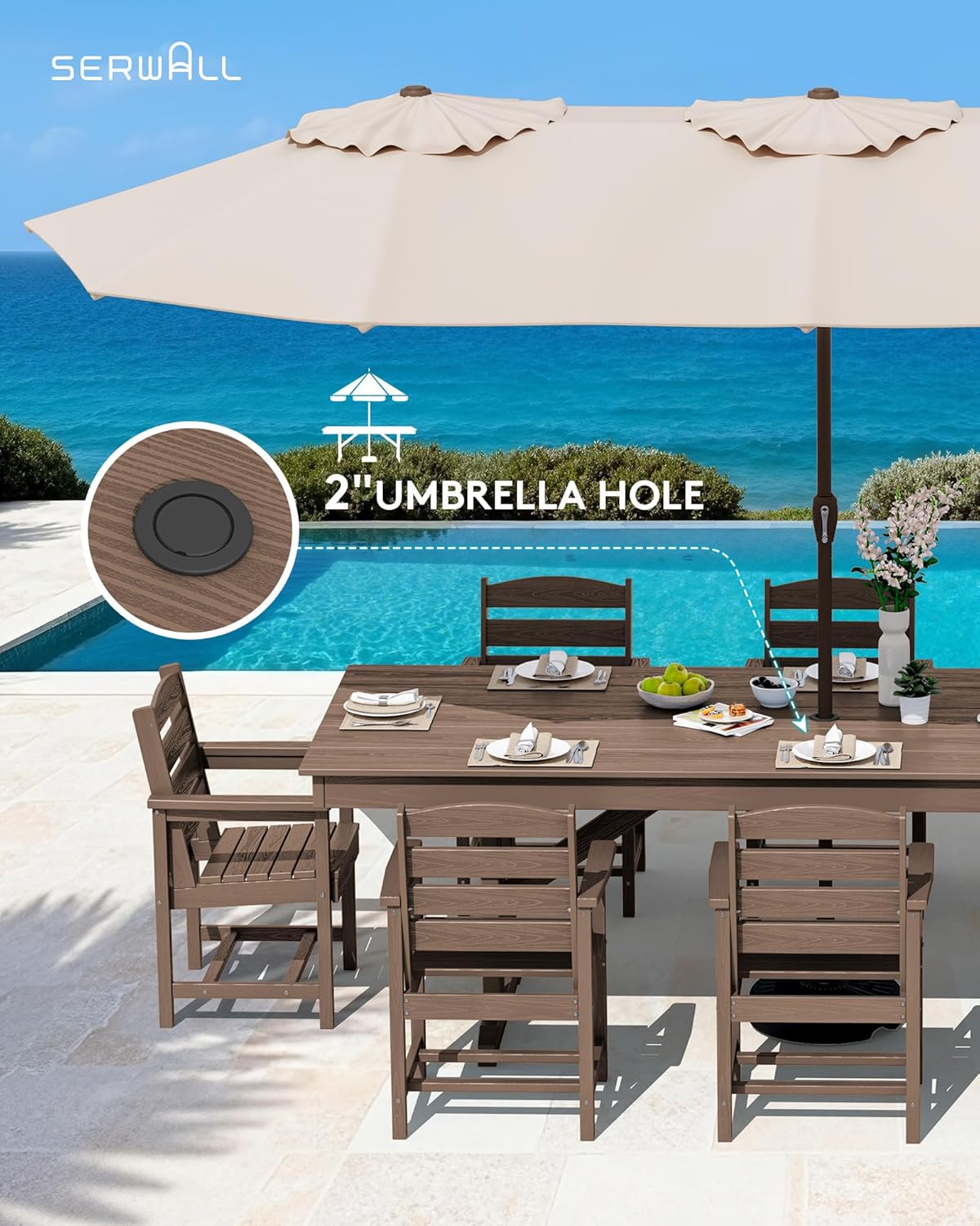 SERWALL 9 Piece Outdoor Dining Set, 84" HDPE Large Patio Dining Furniture Set for 8, with Pre-drilled Umbrella Hole, Outdoor Tables and Chairs Set for Garden, Brown