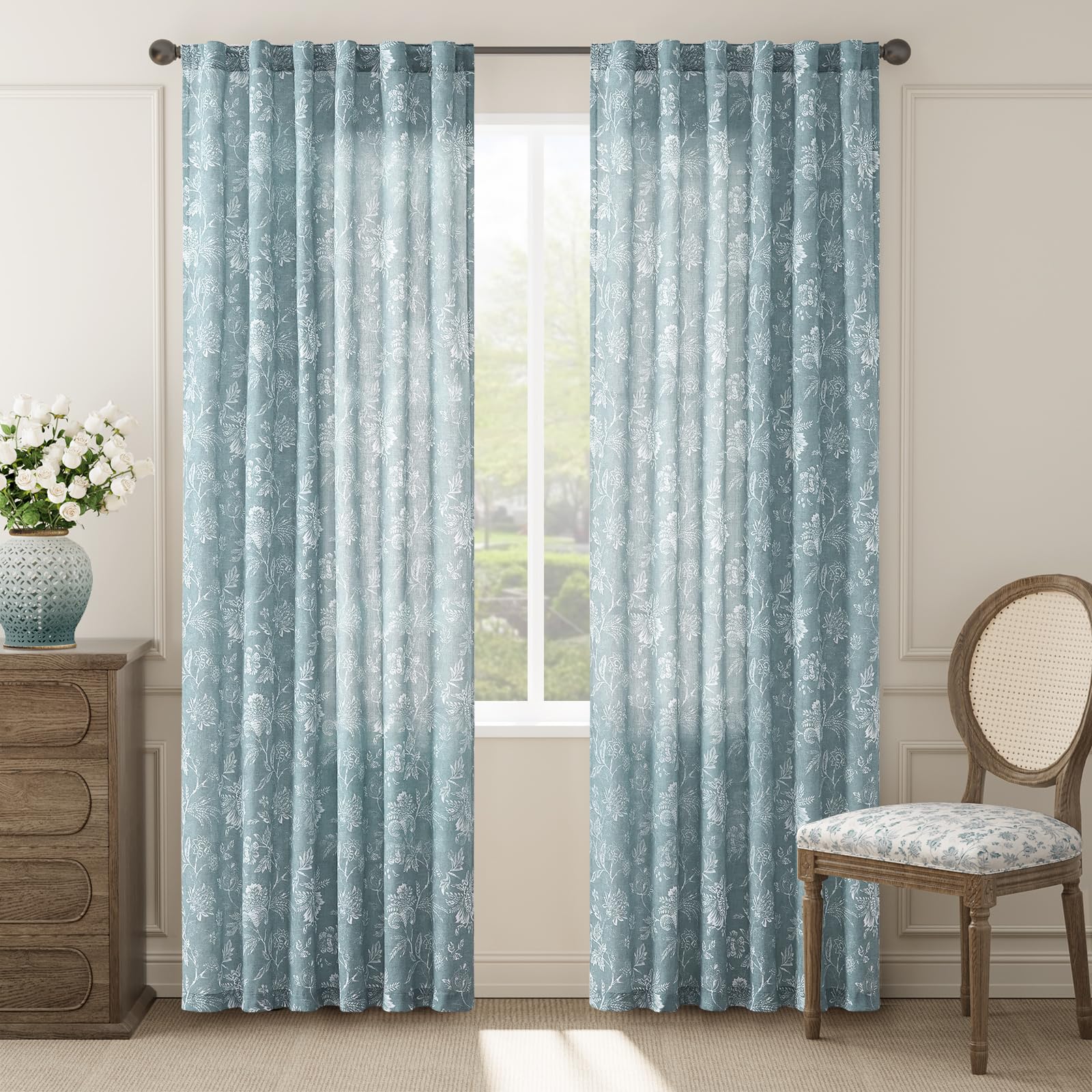 jinchan Linen Floral Curtains for Living Room with Printed Flower 84 Inches Long Light Filtering French Country Back Tab Rod Pocket Taupe Window Curtain Set Farmhouse Drapes 2 Panels Taupe