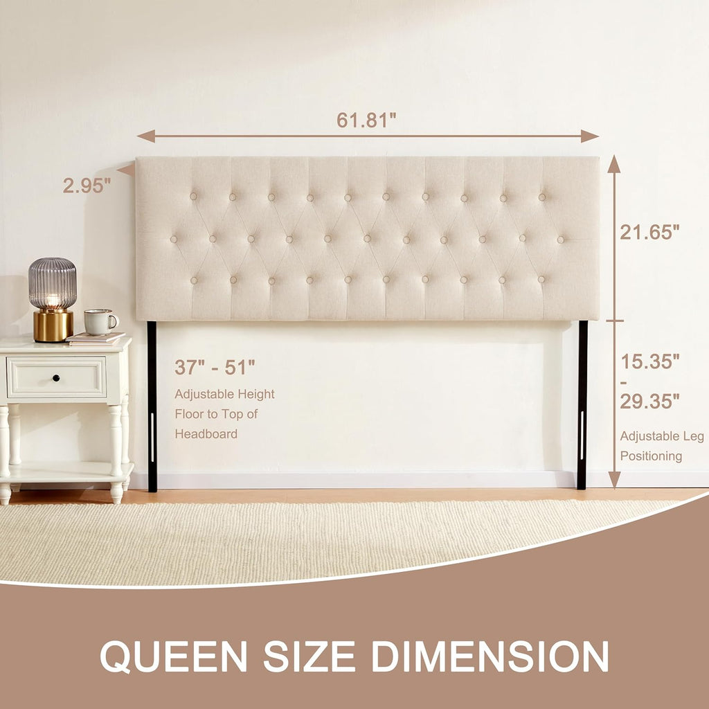 Huatean Home Tufted Upholstered Headboard Queen Size, Solid Wood Head Board with Durable Metal Legs, Adjustable Height Bed headboard from 37” to 51” Fabric Headboard in Modern Button Design, Beige