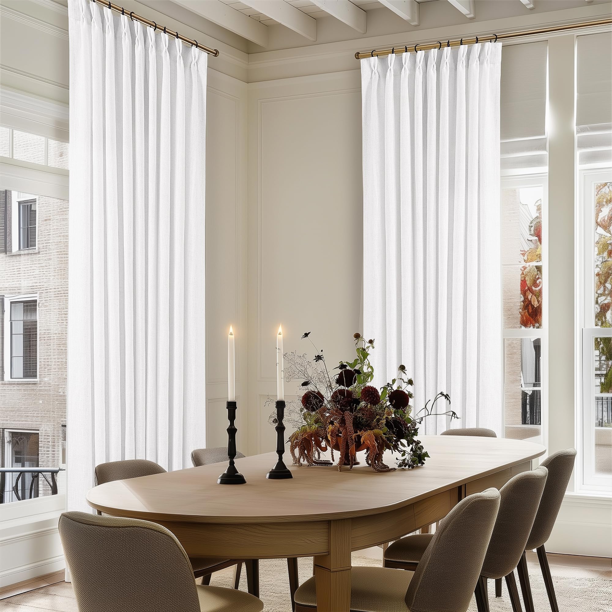 Pinch Pleated Linen Curtains 108 Inches Long for Living Room 2 Panels Set Cream Ivory Flax Double Pleated Drapes Back Tab Neutral Boho Ceiling Floor 108 Inch Window Curtains Bedroom Natural Birch