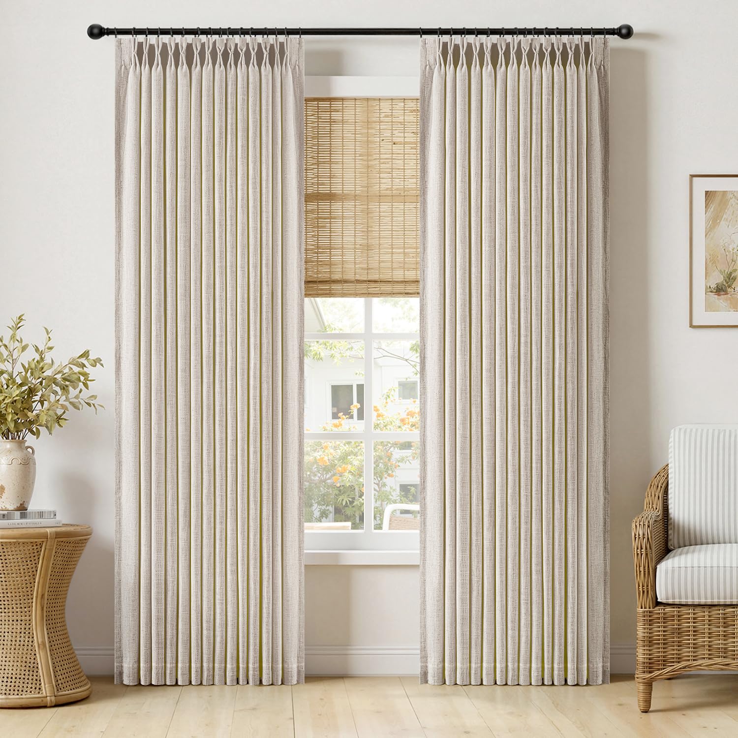 MIULEE Pinch Pleated Thick Linen Curtains 96 Inches Long 2 Panels for Living Room Bedroom, Memory Trained Pleat Drapes Light Filtering Natural Birch Semi Sheer Window Curtains Hooks Rings Back Tab