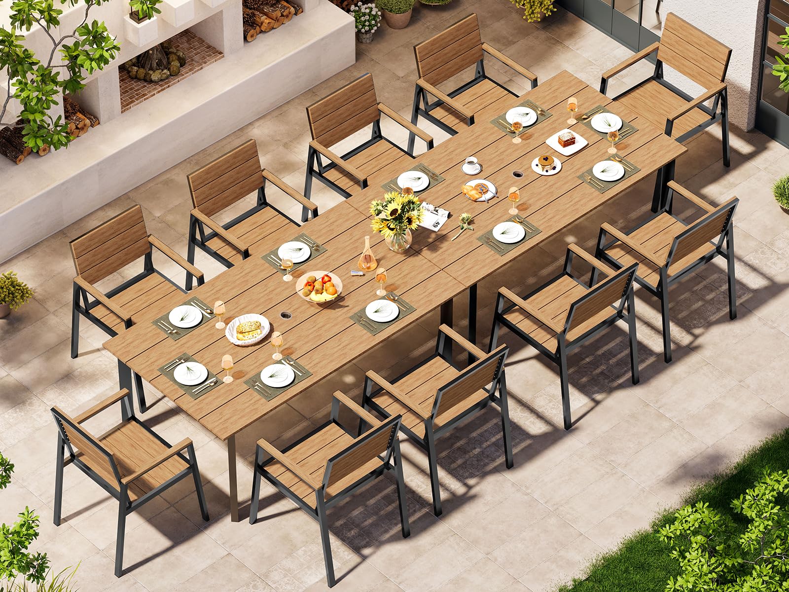 Outdoor Dining Set, Patio Table and Chairs Set with Umbrella Hole, 7 Pieces HDPS + Aluminum Patio Dining Furniture Set for Backyard, Garden (Gray & Teak)