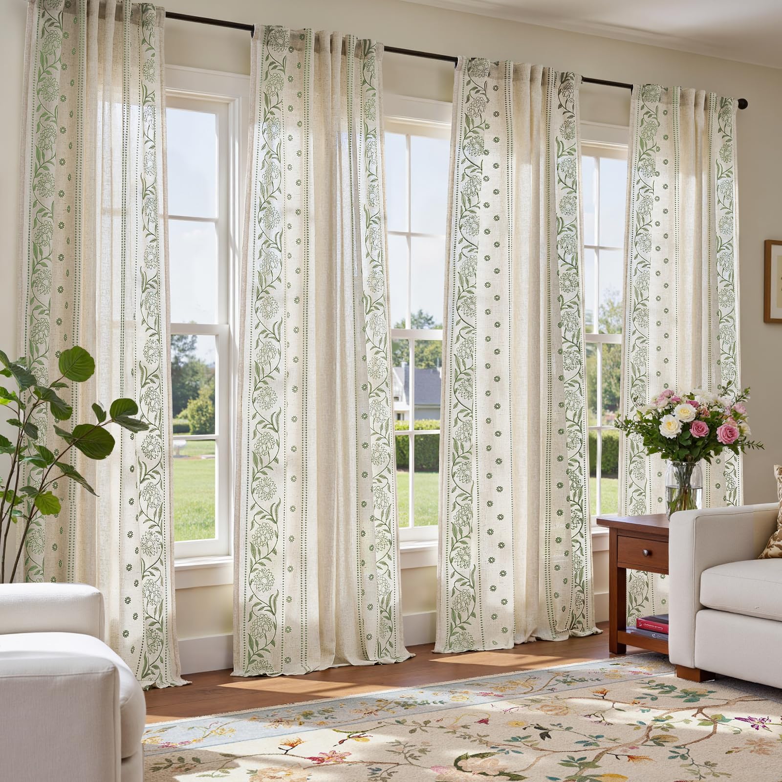 jinchan Winslow Linen Curtains for Bedroom 84 Inches Length Embroidered Bordered Floral Curtains for Living Room Farmhouse Decor Light Filtering Window Treatments Ivory on Beige Drapes 2 Panels