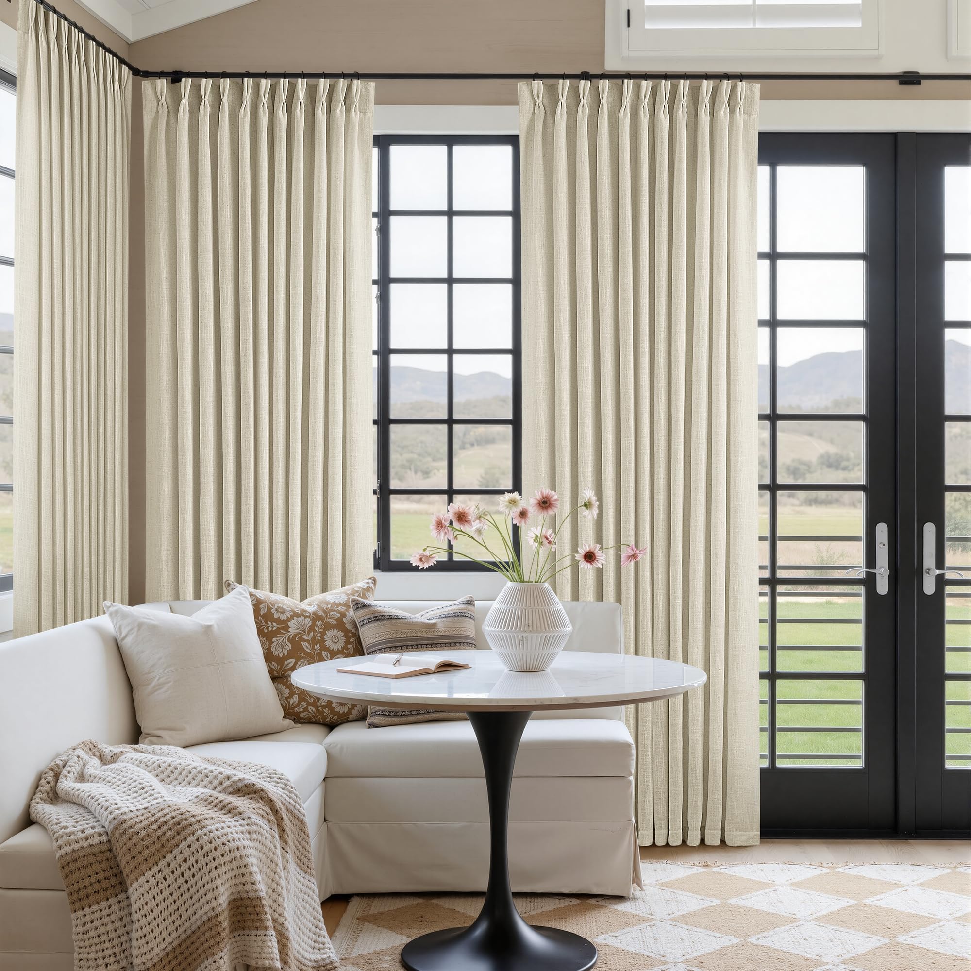 Pinch Pleated Linen Curtains 108 Inches Long for Living Room 2 Panels Set Cream Ivory Flax Double Pleated Drapes Back Tab Neutral Boho Ceiling Floor 108 Inch Window Curtains Bedroom Natural Birch
