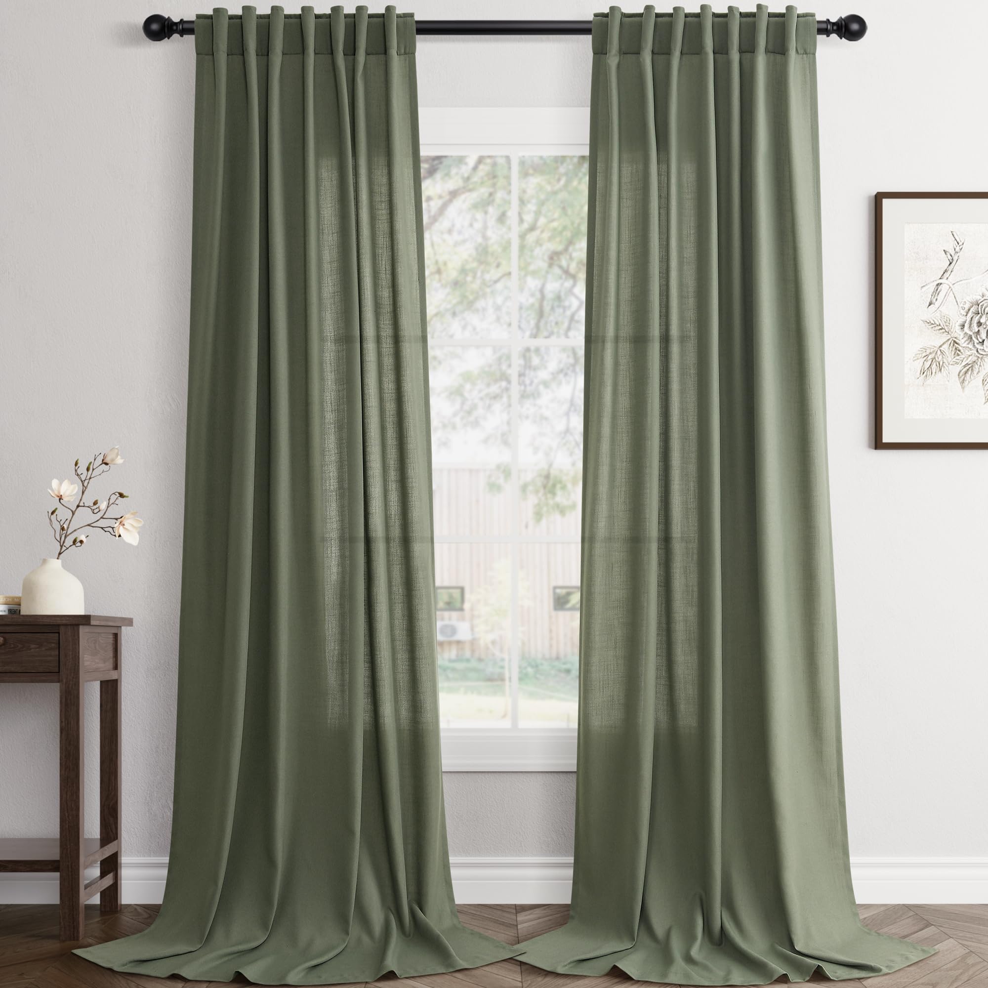 Flax Linen Beige Curtains 96 inches Long 2 Panel for Living Room Back Tab Pocket Drapes Semi Sheer Privacy Khaki Window Curtain Country Rustic Farmhouse Cloth Curtain for Dinning Room Tan