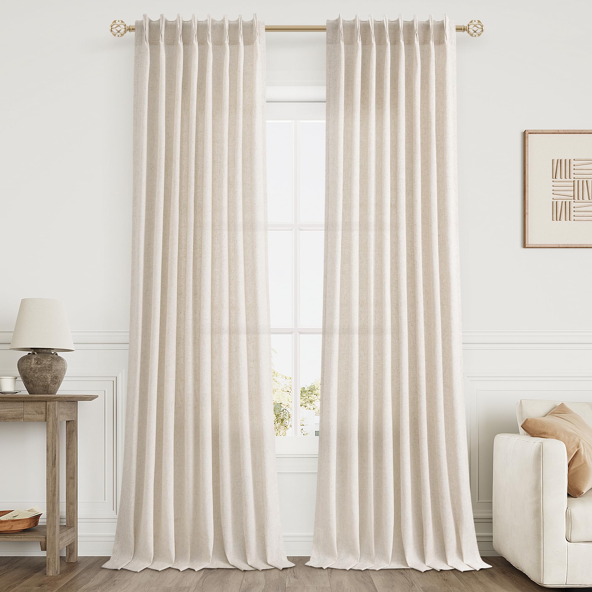 Extra Long Linen Curtains 108 Inch for Living Room Cream Pinch Pleated 9 FT Drapes Semi Sheer Ceiling to Floor Curtain for Bedroom Back Tab Flax Neutral Boho Decor Window, Natural Beige Ivory 2 Panels