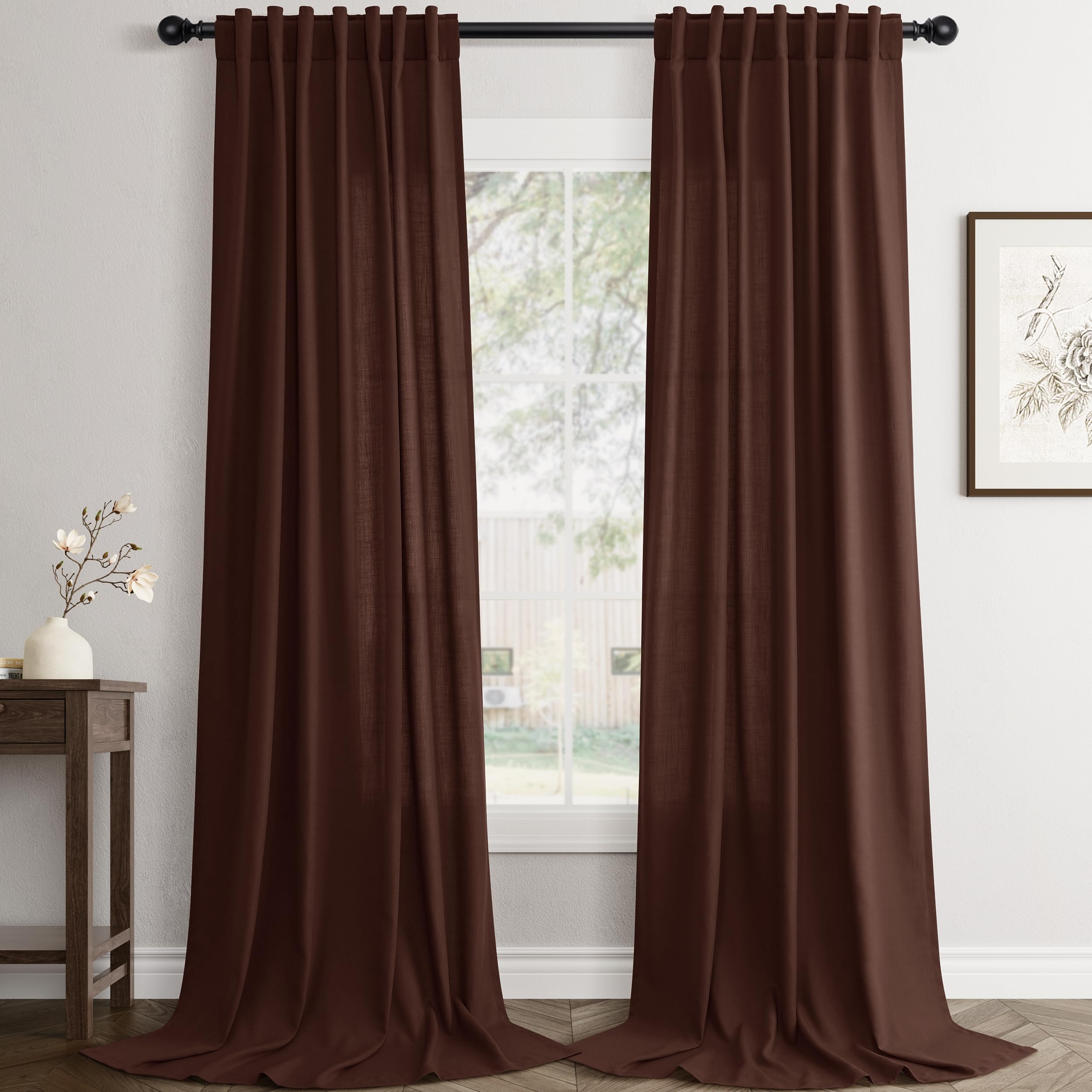 Flax Linen Beige Curtains 96 inches Long 2 Panel for Living Room Back Tab Pocket Drapes Semi Sheer Privacy Khaki Window Curtain Country Rustic Farmhouse Cloth Curtain for Dinning Room Tan