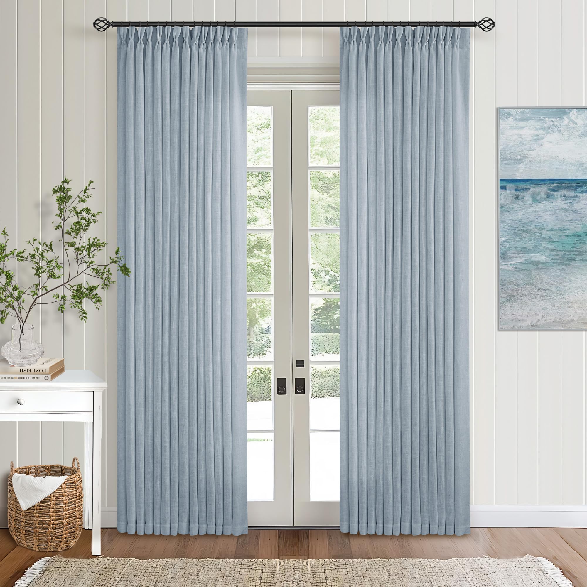Pinch Pleated Linen Curtains 108 Inches Long for Living Room 2 Panels Set Cream Ivory Flax Double Pleated Drapes Back Tab Neutral Boho Ceiling Floor 108 Inch Window Curtains Bedroom Natural Birch