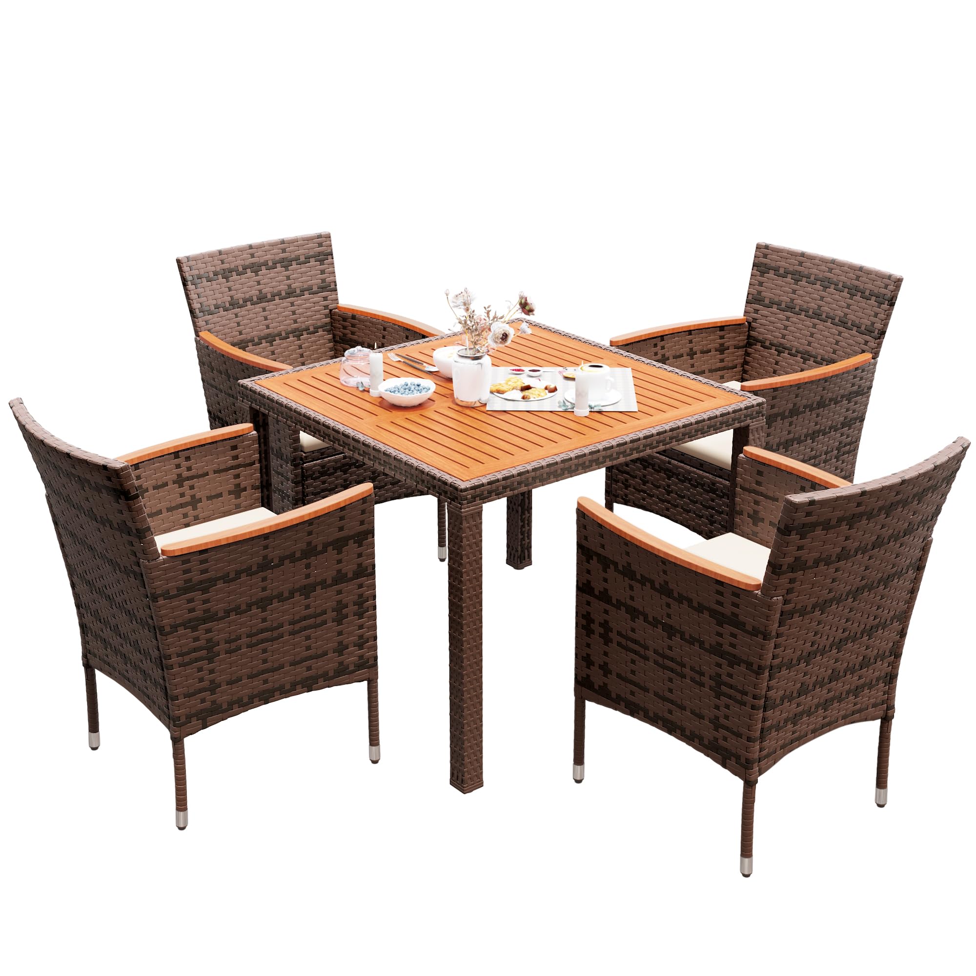Devoko Dining 7 PCS Furniture, Patio Conversation Set with Acacia Wood Table Top, Outdoor, Beige Cushion and Black Rattan