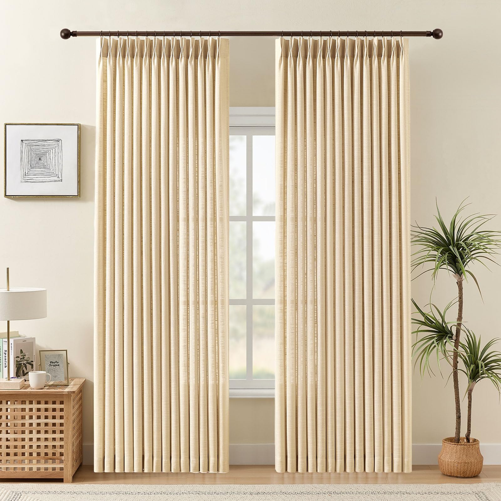 Pinch Pleated Linen Curtains 84 Inch Length 2 Panels Set, Light Filtering Linen Blend Sheer Drapes Memory Trained Pleated Curtain Back Tab with Hooks Rings for Living Room Bedroom, Natural, W40xL84