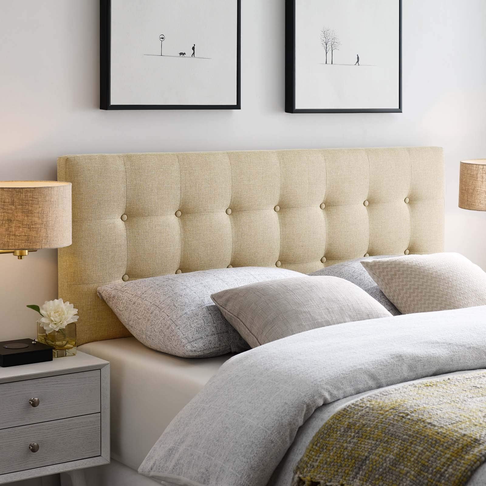 Modway Emily Tufted Button Linen Fabric Upholstered Full Headboard in Ivory