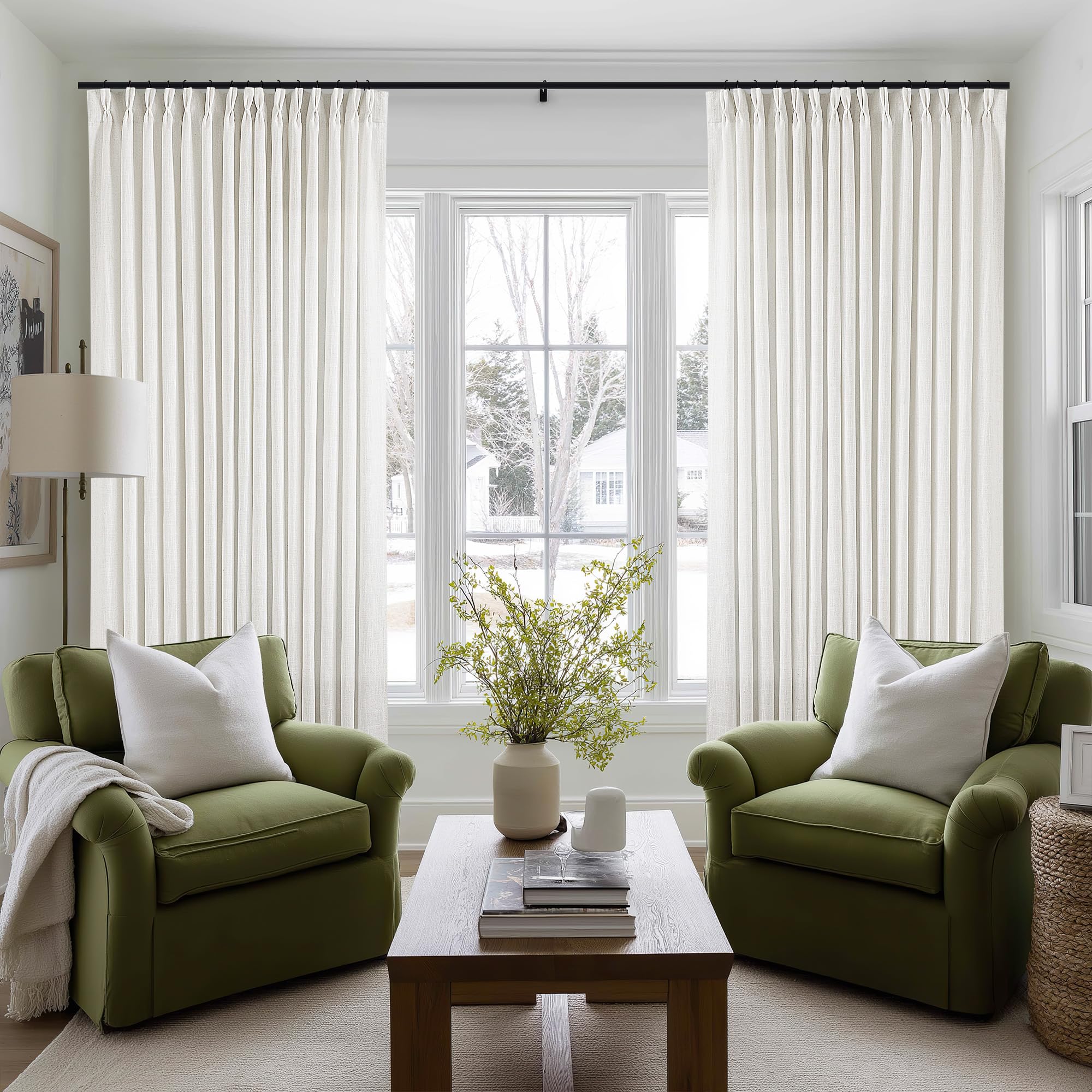 Pinch Pleated Linen Curtains 108 Inches Long for Living Room 2 Panels Set Cream Ivory Flax Double Pleated Drapes Back Tab Neutral Boho Ceiling Floor 108 Inch Window Curtains Bedroom Natural Birch