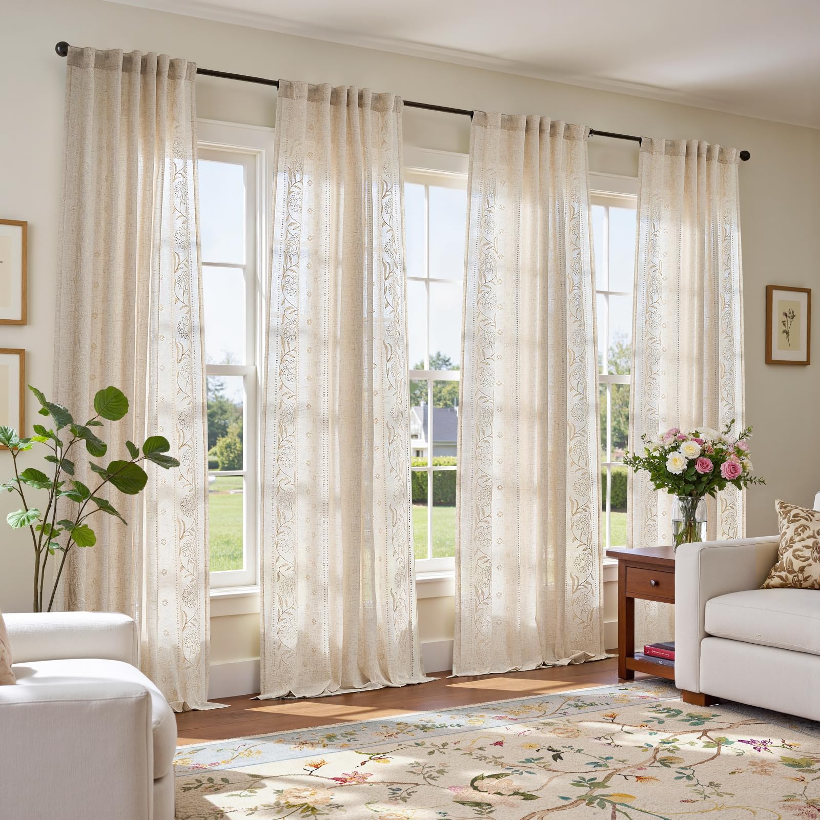 jinchan Winslow Linen Curtains for Bedroom 84 Inches Length Embroidered Bordered Floral Curtains for Living Room Farmhouse Decor Light Filtering Window Treatments Ivory on Beige Drapes 2 Panels