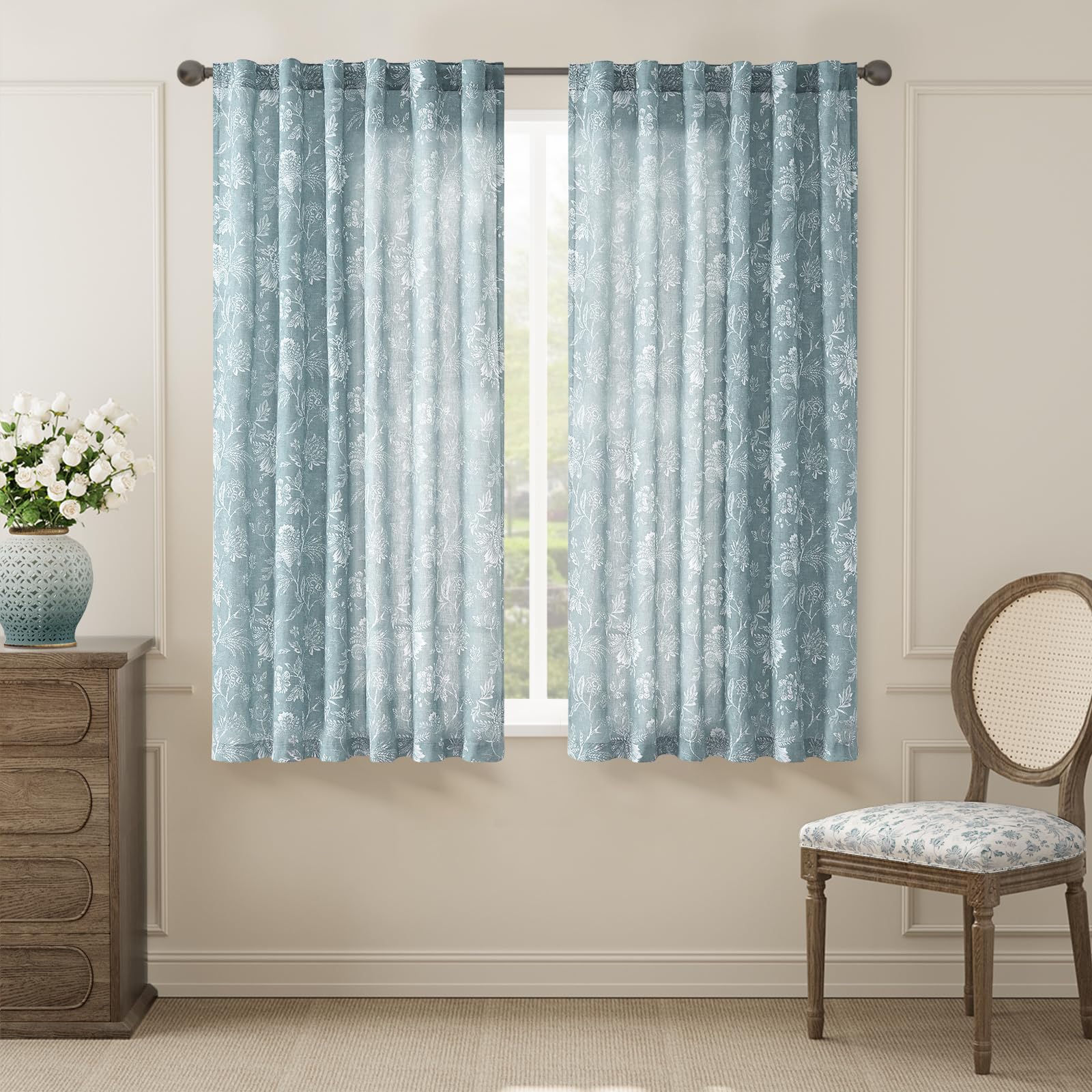 jinchan Linen Floral Curtains for Living Room with Printed Flower 84 Inches Long Light Filtering French Country Back Tab Rod Pocket Taupe Window Curtain Set Farmhouse Drapes 2 Panels Taupe