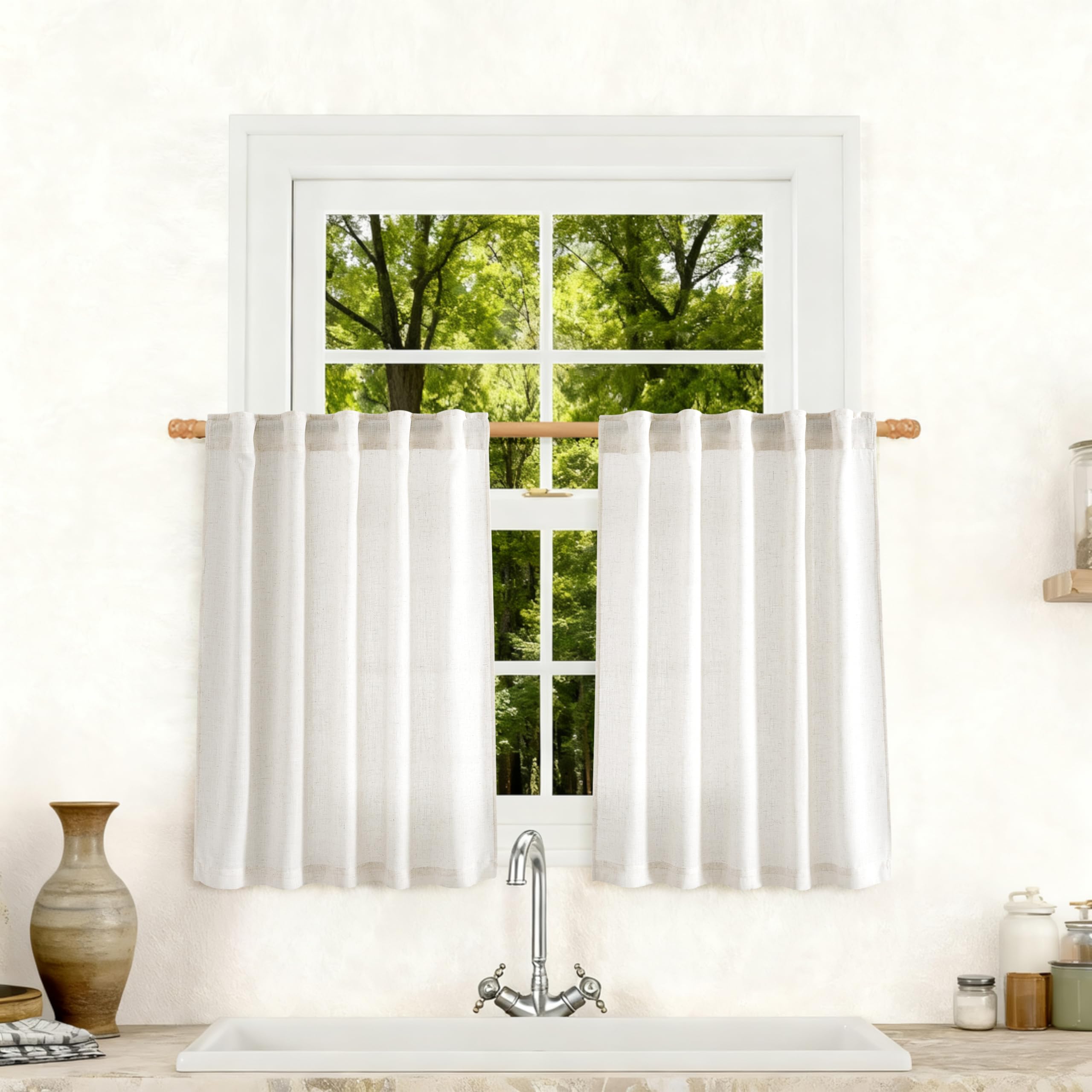 Flax Linen Beige Curtains 96 inches Long 2 Panel for Living Room Back Tab Pocket Drapes Semi Sheer Privacy Khaki Window Curtain Country Rustic Farmhouse Cloth Curtain for Dinning Room Tan