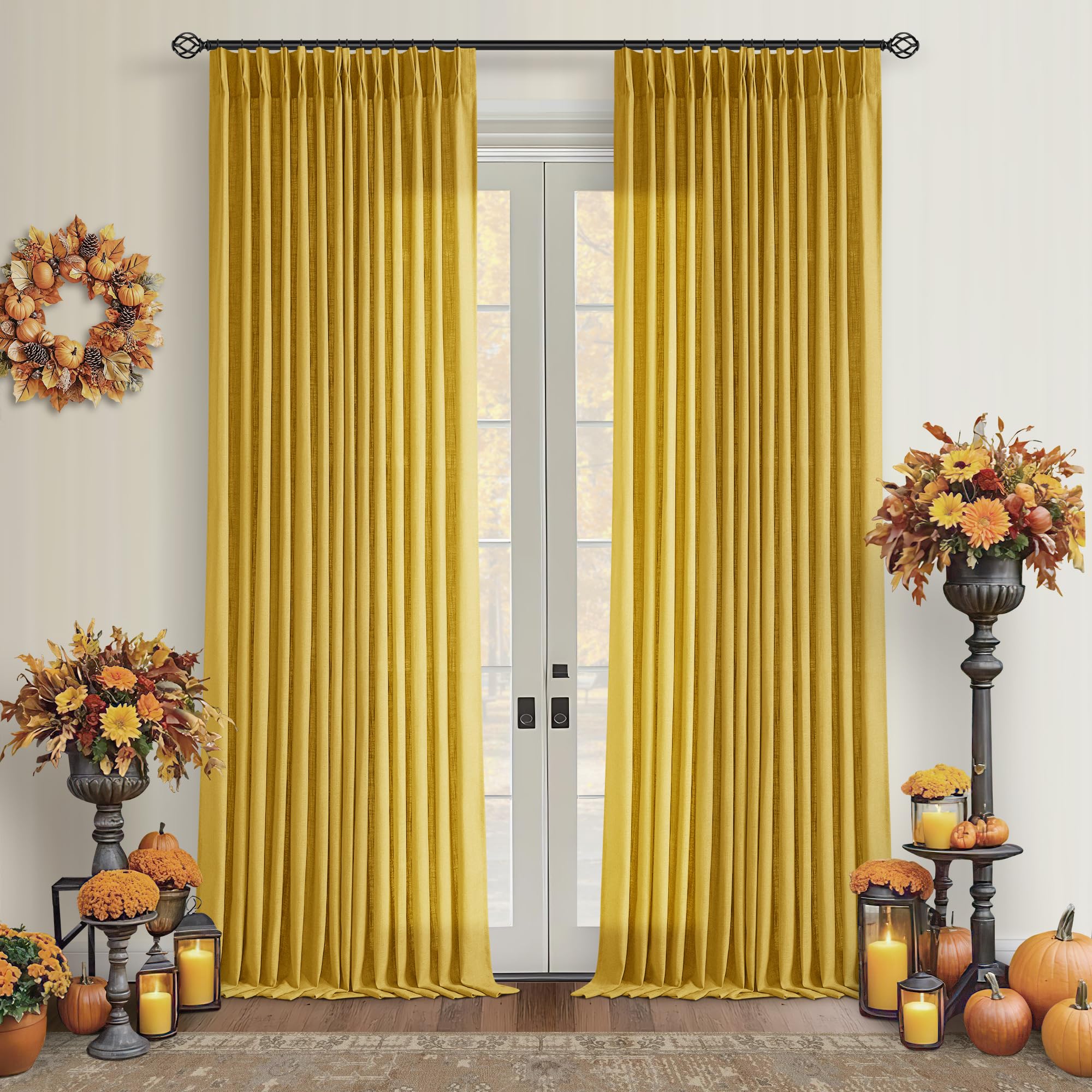 Pinch Pleated Linen Curtains 108 Inches Long for Living Room 2 Panels Set Cream Ivory Flax Double Pleated Drapes Back Tab Neutral Boho Ceiling Floor 108 Inch Window Curtains Bedroom Natural Birch