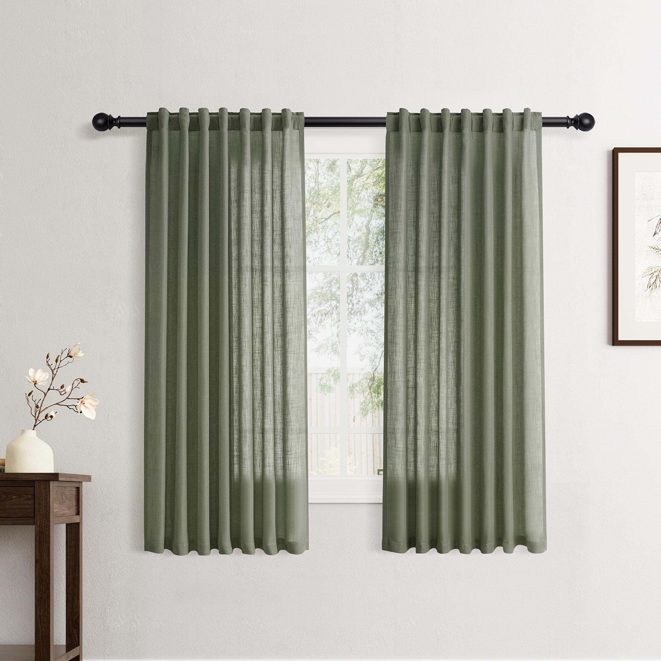Flax Linen Beige Curtains 96 inches Long 2 Panel for Living Room Back Tab Pocket Drapes Semi Sheer Privacy Khaki Window Curtain Country Rustic Farmhouse Cloth Curtain for Dinning Room Tan