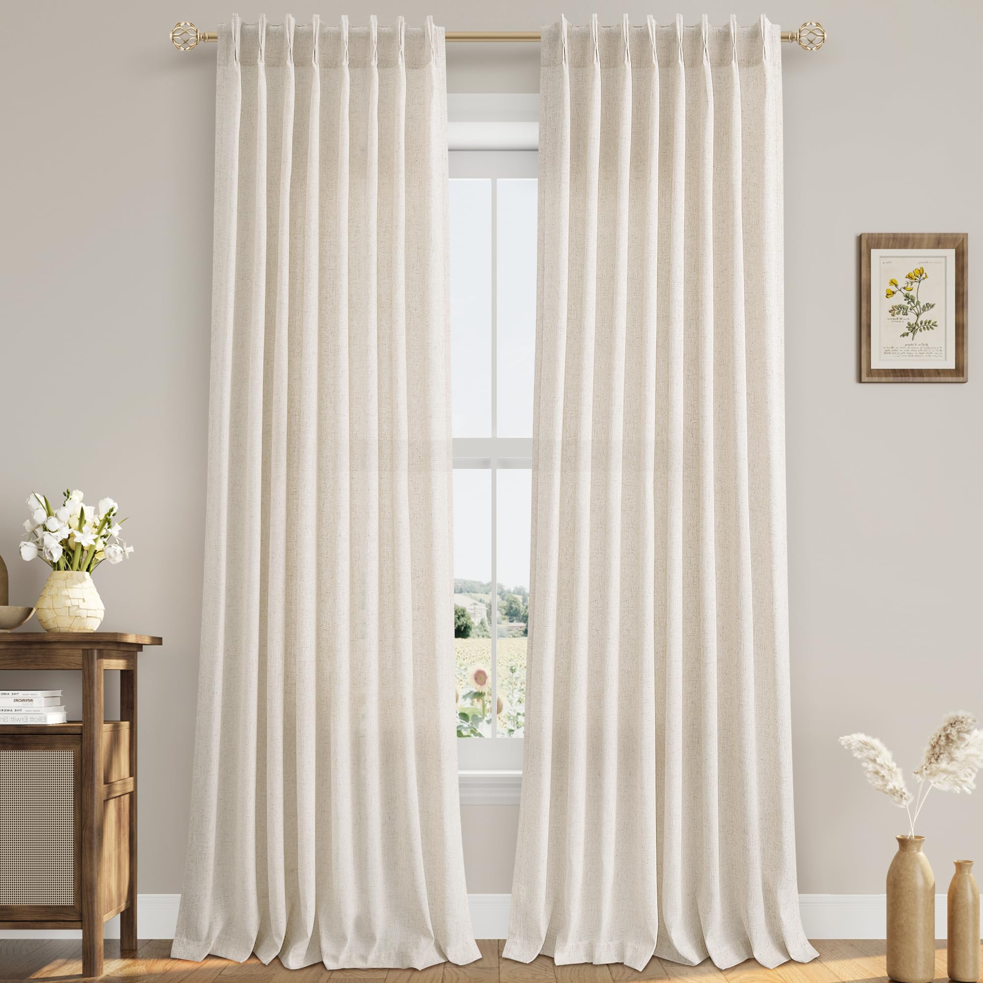Extra Long Linen Curtains 108 Inch for Living Room Cream Pinch Pleated 9 FT Drapes Semi Sheer Ceiling to Floor Curtain for Bedroom Back Tab Flax Neutral Boho Decor Window, Natural Beige Ivory 2 Panels