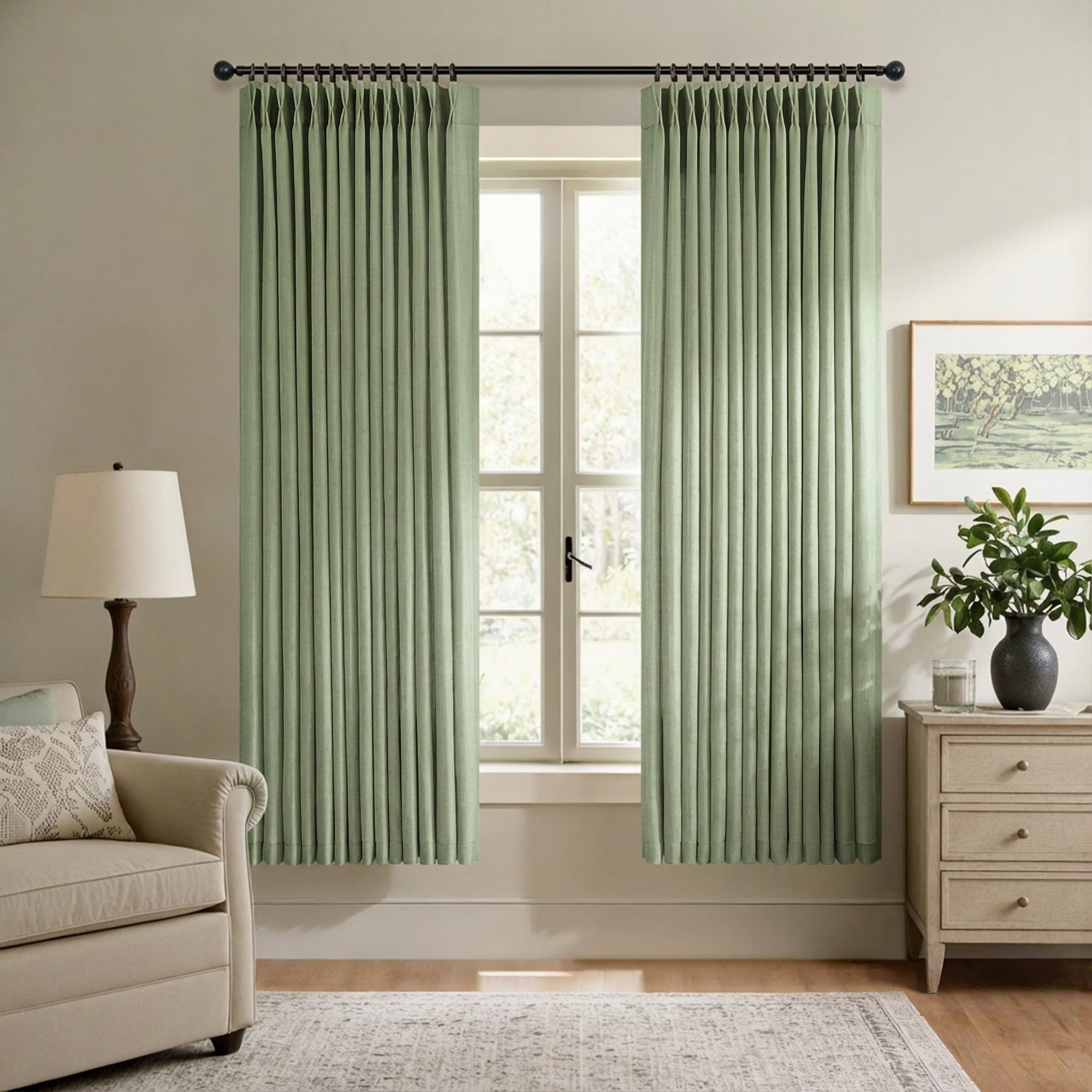 Natural Pinch Pleated Linen Cream Curtains 84 Inch Length 2 Panels for Living Room Bedroom Ivory Semi Sheer Light Filtering Modern Farmhouse Boho Neutral Rustic Long Drapes Back Tab Pleat Hooks Rings
