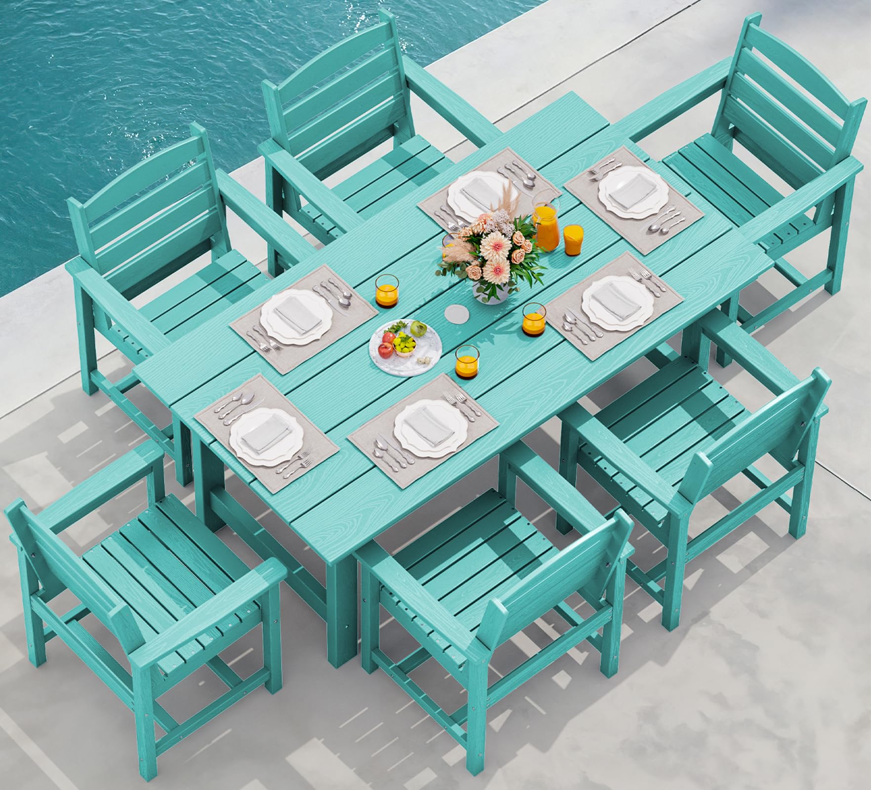 SERWALL Patio Dining Sets for 6 Person, HDPE Dining Set with 6 Armless Chairs, Black