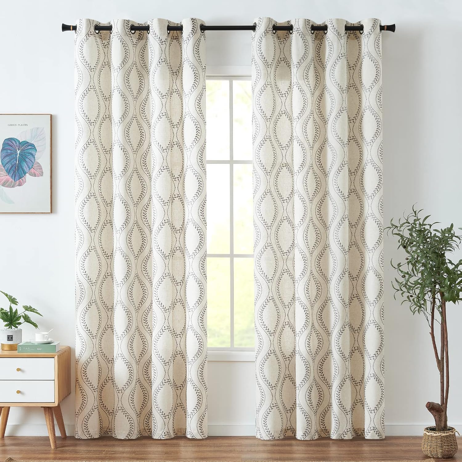 jinchan Boho Linen Blend Curtains Beige Farmhouse Curtains 84 Inches Long Grey Embroidered Leaf Living Room Ogee Geometry Drapes Light Filtering Grommet Country Drapes 2 Panels Gray on Flax
