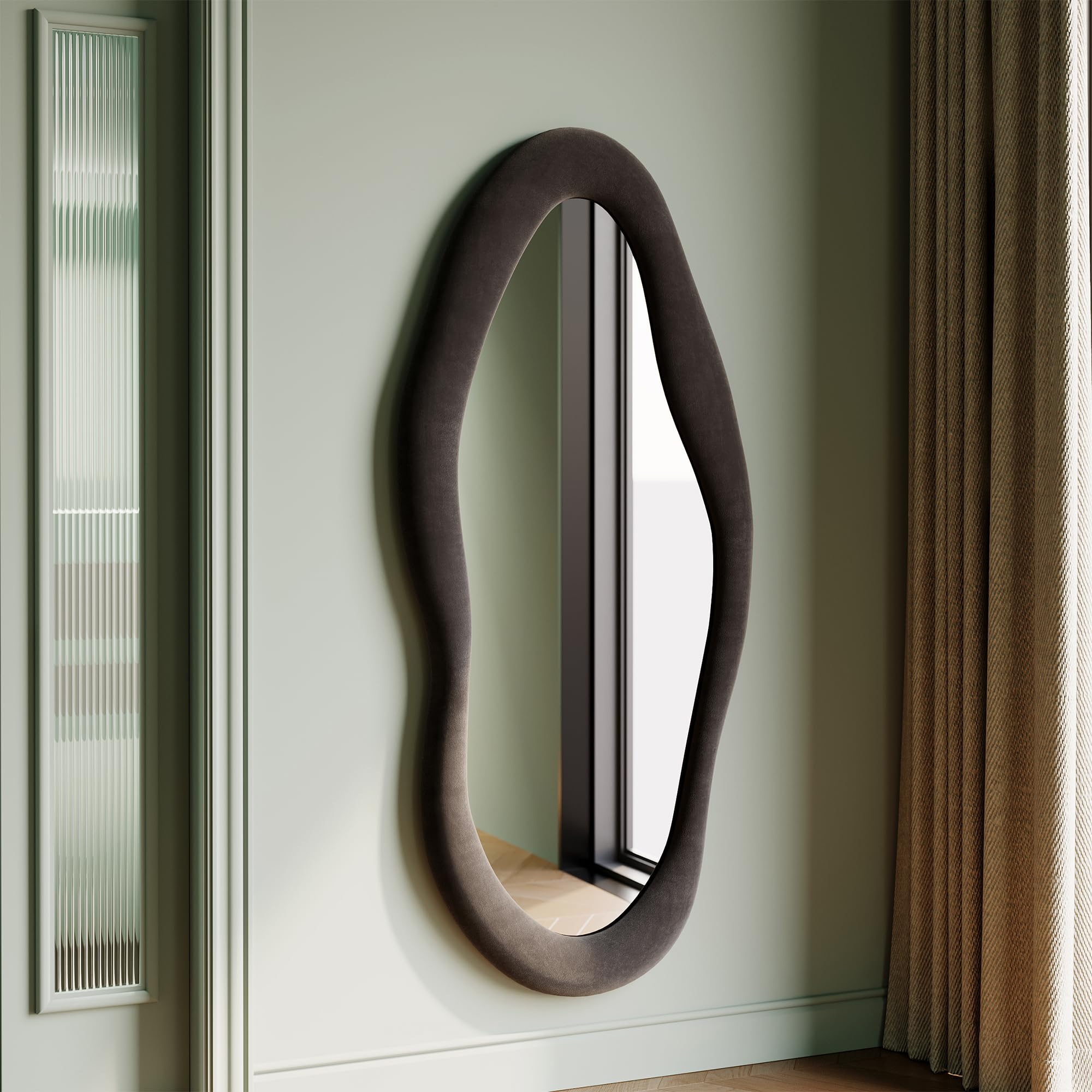 Honyee Full Length Mirror, 63" x 24" Wall Mirror, Flannel Wrapped Wooden Frame Floor Mirror, Irregular Wavy Mirror Hanging or Leaning Against Wall for Cloakroom/Bedroom/Living Room, Milk Tea