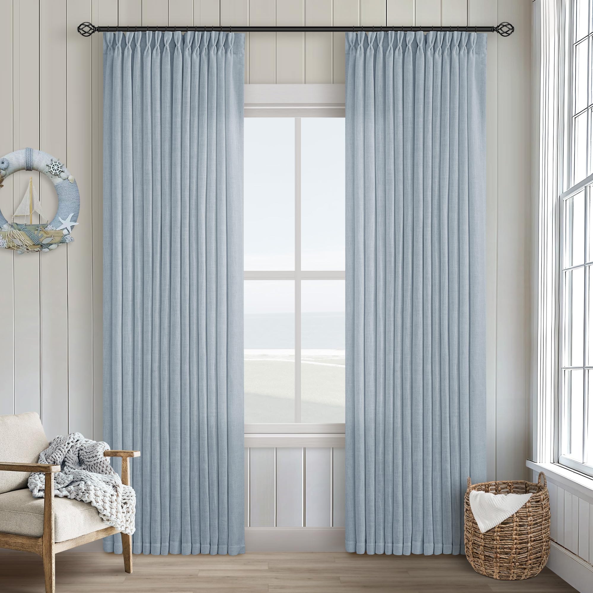 Pinch Pleated Linen Curtains 108 Inches Long for Living Room 2 Panels Set Cream Ivory Flax Double Pleated Drapes Back Tab Neutral Boho Ceiling Floor 108 Inch Window Curtains Bedroom Natural Birch
