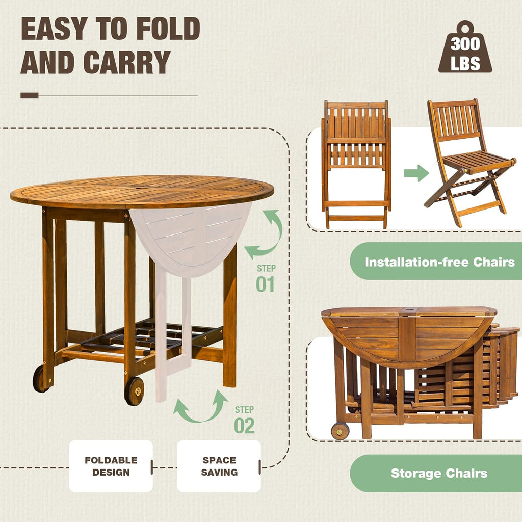 Devoko 5 PCS Patio Furniture, Patio Dining Set Acacia Wood Outdoor Table and Chairs, with 4 Folding Chairs and 37" Round Movable Table, Outdoor Dining Set for Lawn, Balcony, Garden (Light Brown)