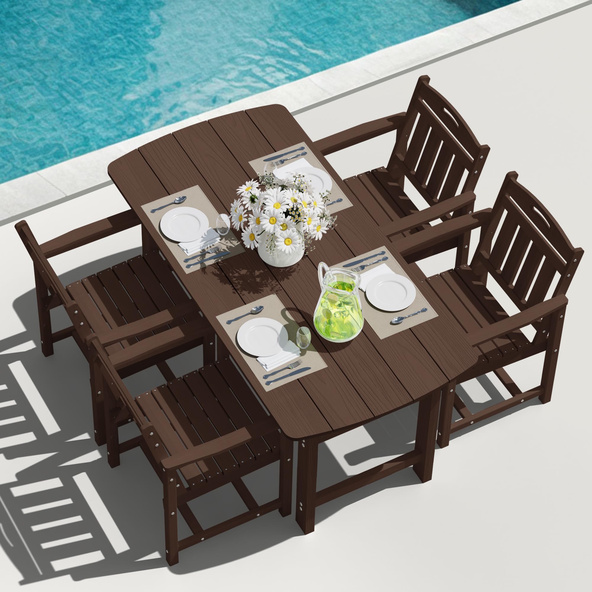 HDPE Outdoor Dining Set, Patio Table and Chairs Set, All-Weather 7-Piece Outside Table and 6 Chairs, 2" Umbrella Hole, Outdoor Furniture for Garden, Poolside, Backyard, Deck | Black