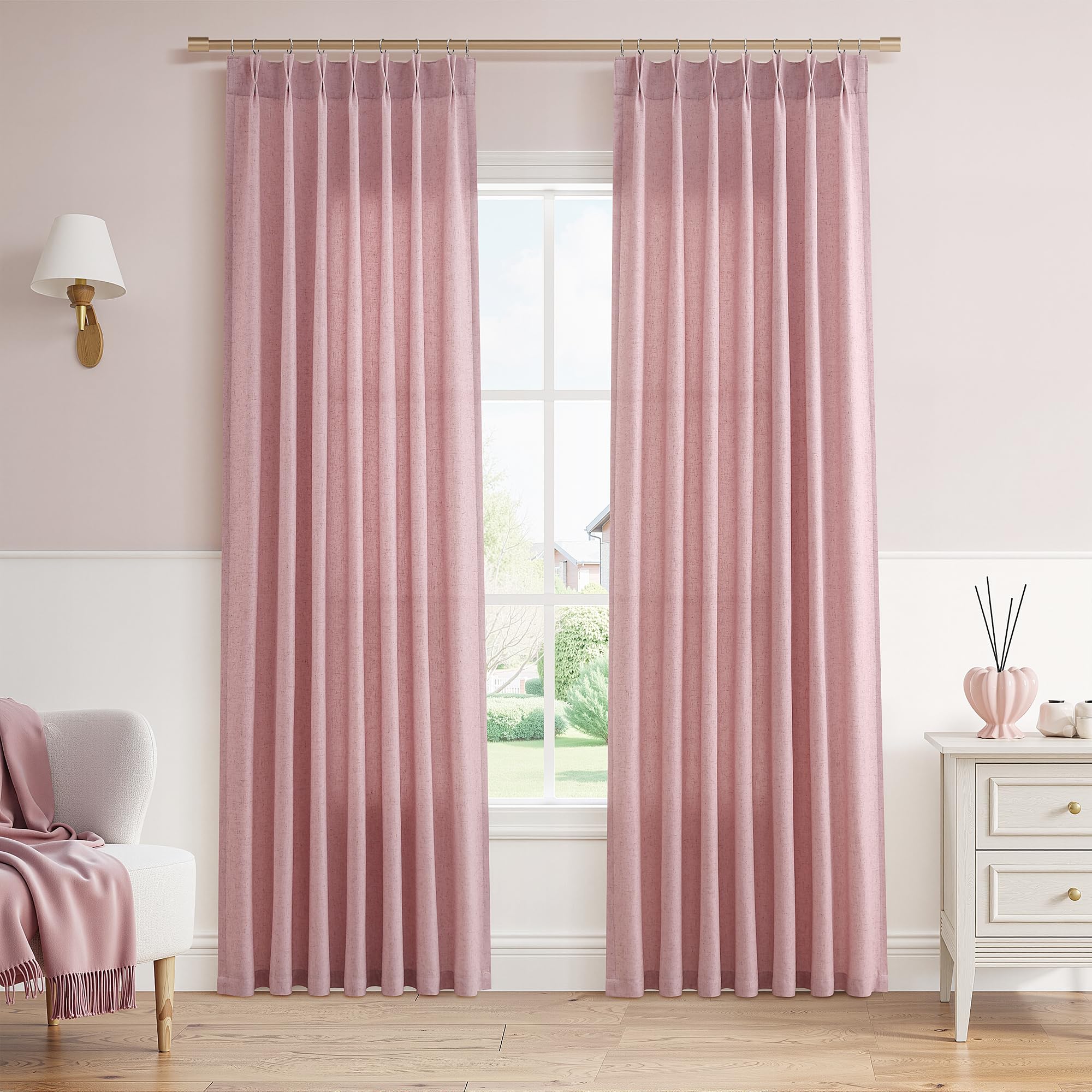 Extra Long Linen Curtains 108 Inch for Living Room Cream Pinch Pleated 9 FT Drapes Semi Sheer Ceiling to Floor Curtain for Bedroom Back Tab Flax Neutral Boho Decor Window, Natural Beige Ivory 2 Panels