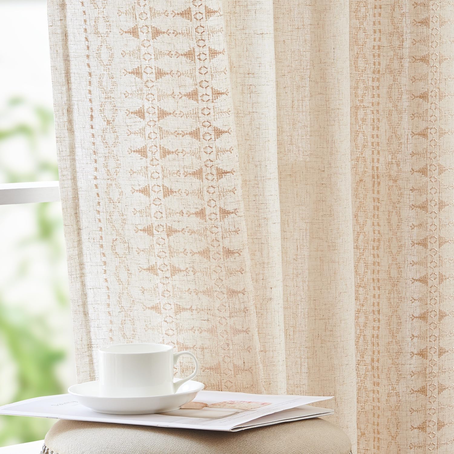jinchan Weslie Boho Curtains for Bedroom Ivory Vintage Floral Farmhouse Curtains 84 Inches Long Linen Drapes for Living Room Embroidered Light Filtering Drapes Rod Pocket Ivory on Beige 2 Panels