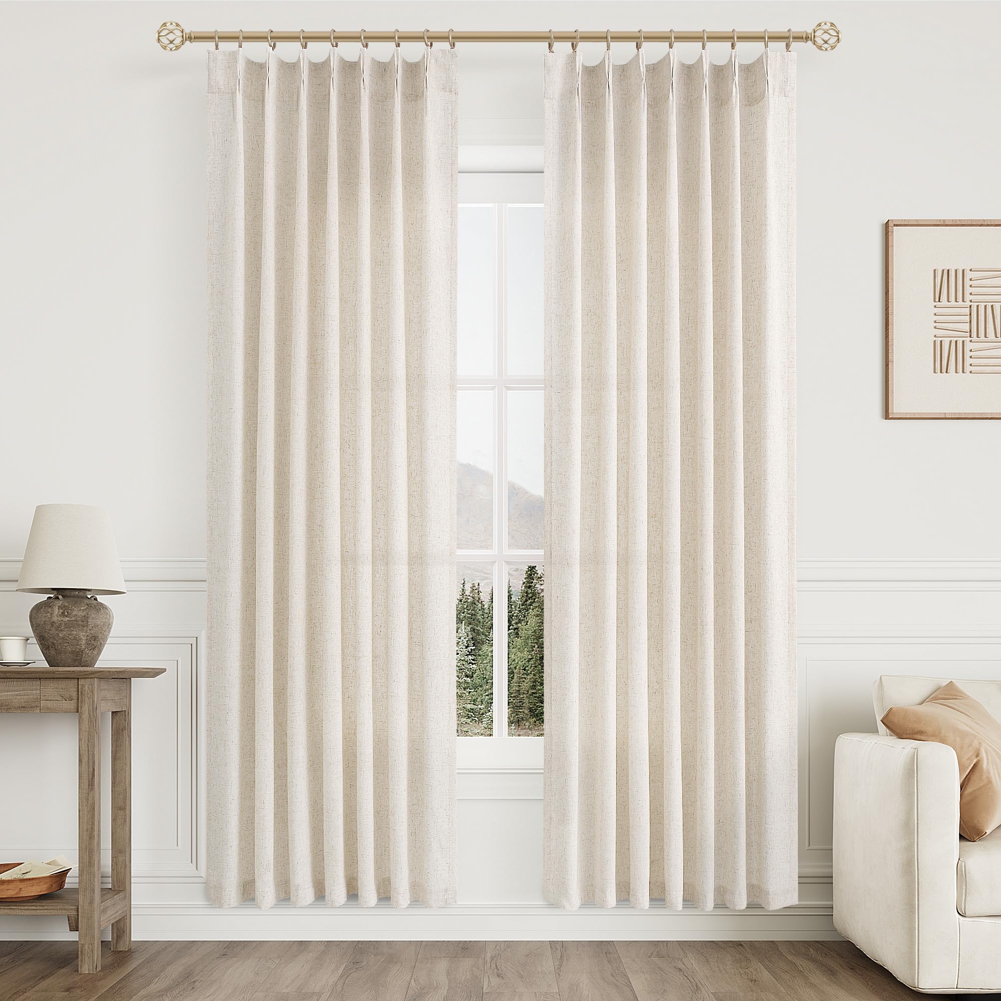 Extra Long Linen Curtains 108 Inch for Living Room Cream Pinch Pleated 9 FT Drapes Semi Sheer Ceiling to Floor Curtain for Bedroom Back Tab Flax Neutral Boho Decor Window, Natural Beige Ivory 2 Panels