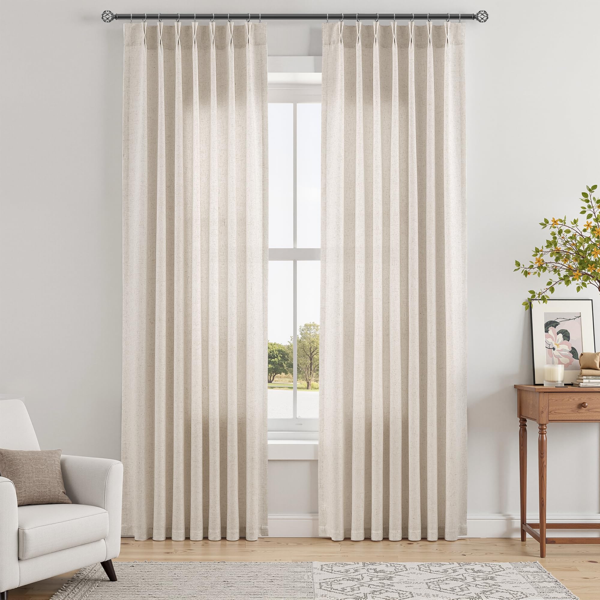 Extra Long Linen Curtains 108 Inch for Living Room Cream Pinch Pleated 9 FT Drapes Semi Sheer Ceiling to Floor Curtain for Bedroom Back Tab Flax Neutral Boho Decor Window, Natural Beige Ivory 2 Panels