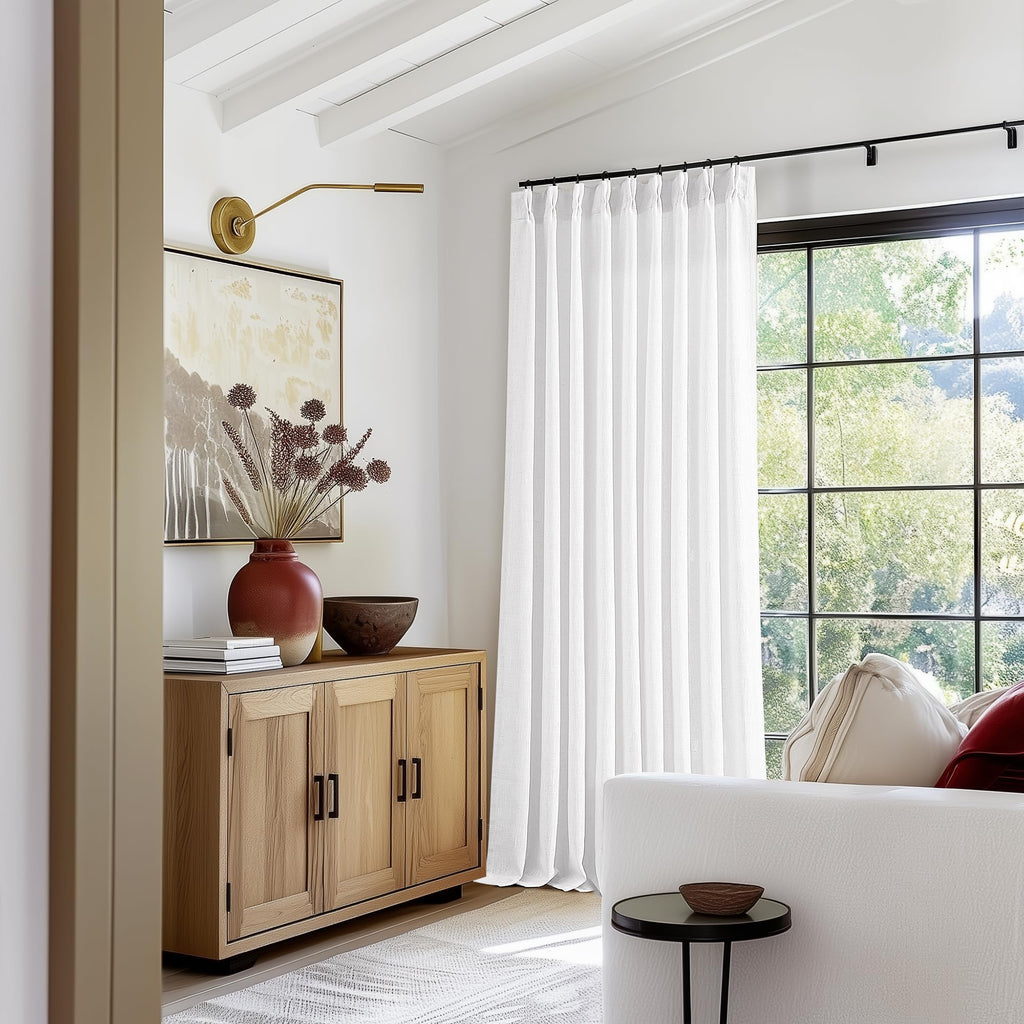 Pinch Pleated Linen Curtains 108 Inches Long for Living Room 2 Panels Set Cream Ivory Flax Double Pleated Drapes Back Tab Neutral Boho Ceiling Floor 108 Inch Window Curtains Bedroom Natural Birch