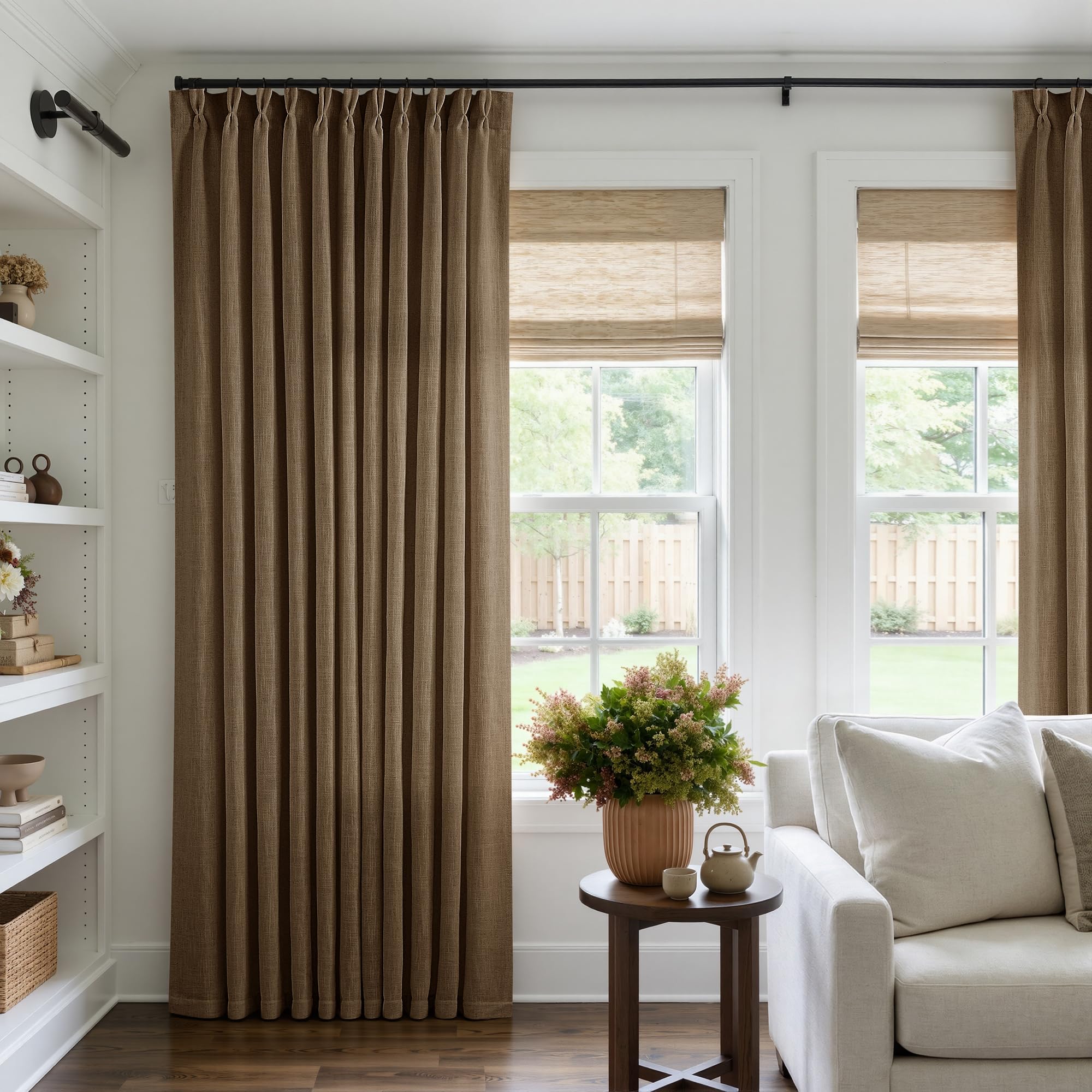 Pinch Pleated Linen Curtains 108 Inches Long for Living Room 2 Panels Set Cream Ivory Flax Double Pleated Drapes Back Tab Neutral Boho Ceiling Floor 108 Inch Window Curtains Bedroom Natural Birch