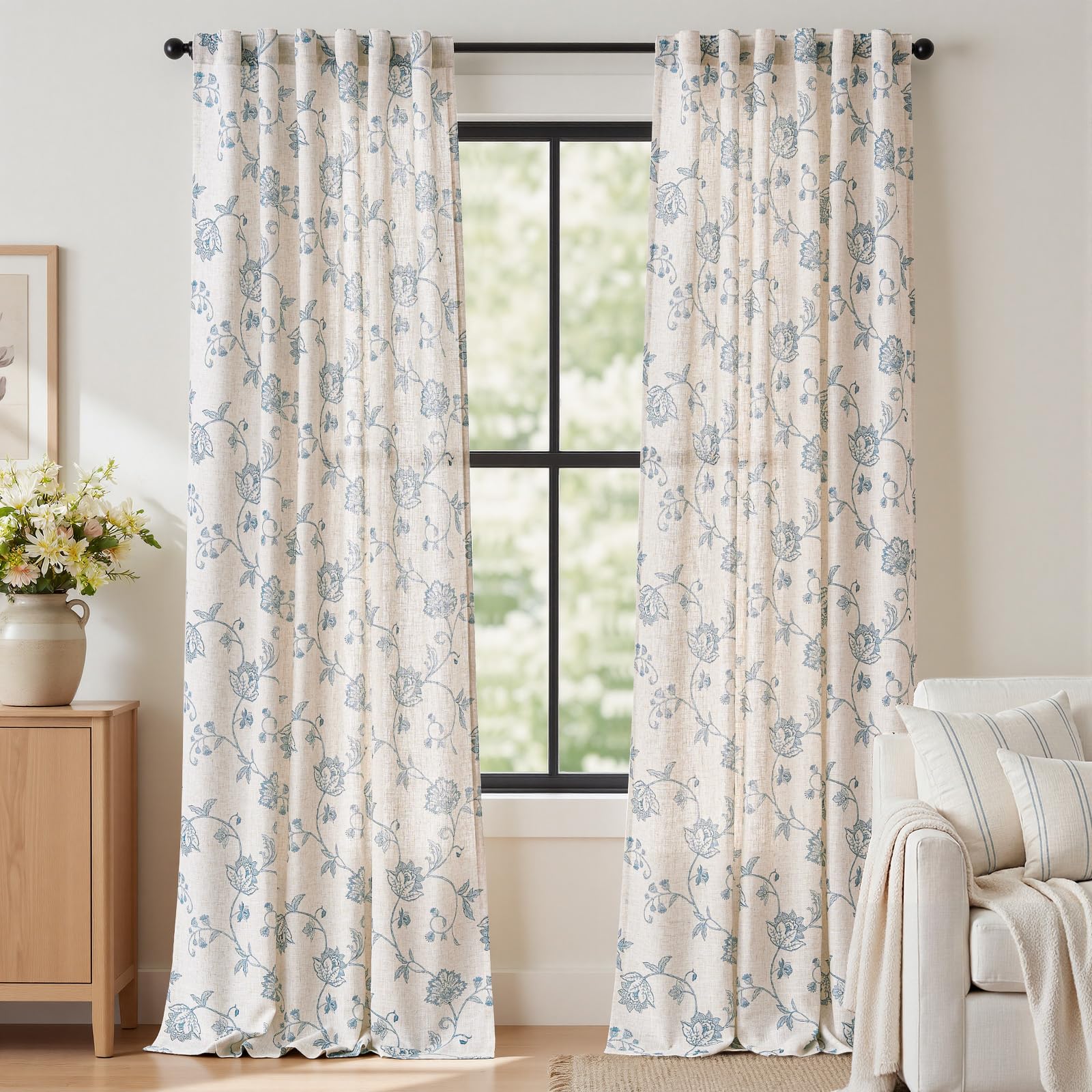 jinchan Linen Floral Curtains for Living Room with Printed Flower 84 Inches Long Light Filtering French Country Back Tab Rod Pocket Taupe Window Curtain Set Farmhouse Drapes 2 Panels Taupe